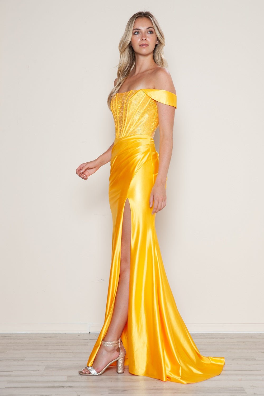 MAKENA Beaded Satin Fitted Corset Slit Prom & Formal Dress in Australia | One Honey Boutique