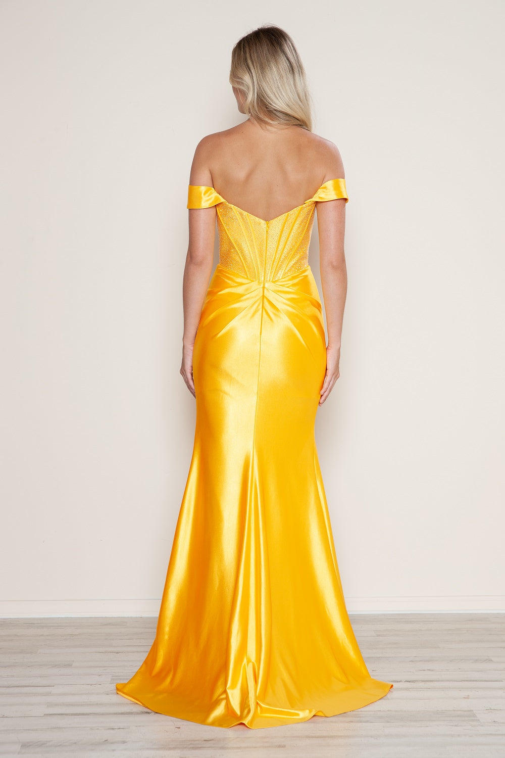 STYLE MAKENA Beaded Satin Fitted Corset school formal dress with removable straps, featuring a slit. Brisbane to Gold Coast.