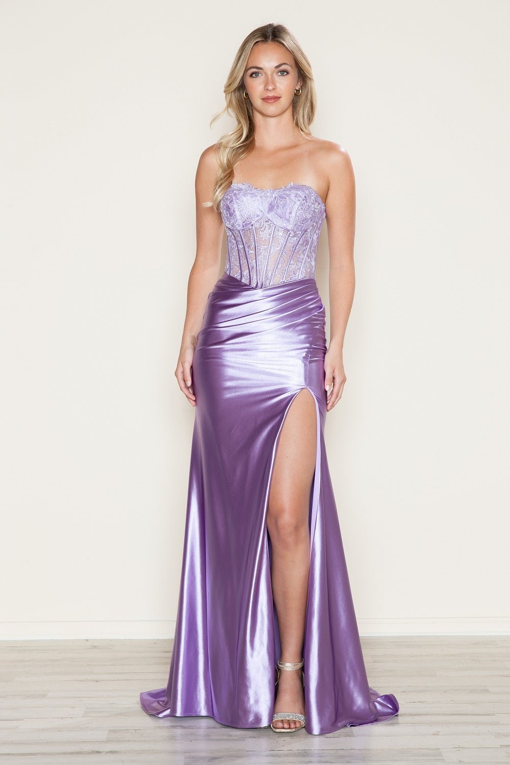 AFIA Beaded Satin Fitted Lace Bodice Slit Prom & Formal Dress in Australia | One Honey Boutique