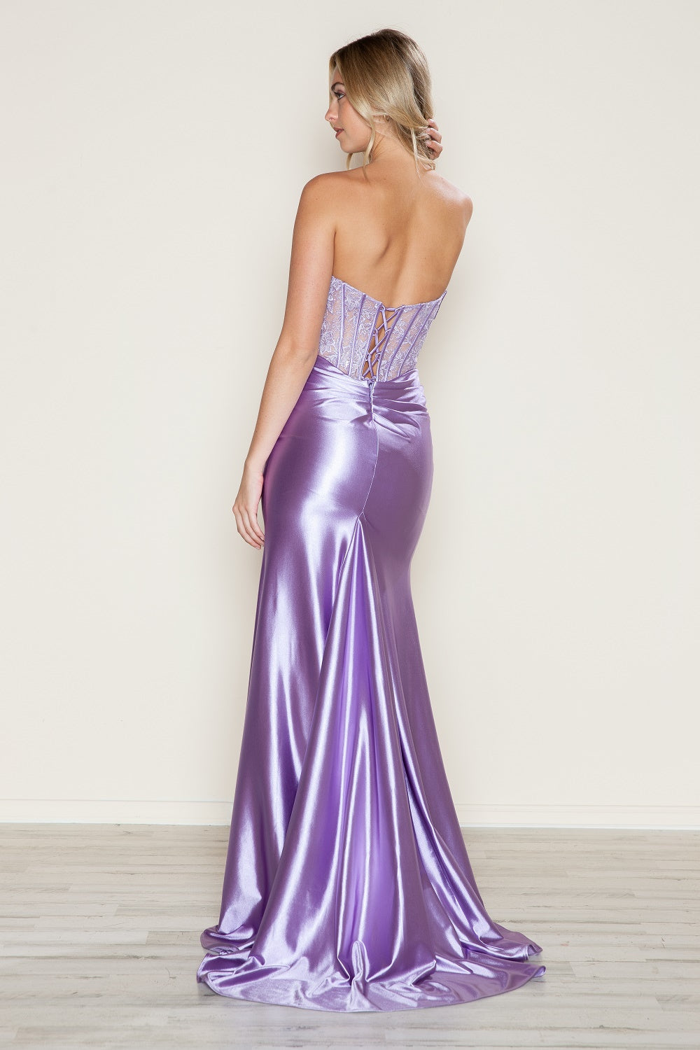 AFIA Beaded Satin Fitted Lace Bodice Slit Prom Gown with purple satin finish, strapless design. Brisbane to Gold Coast, Australia.