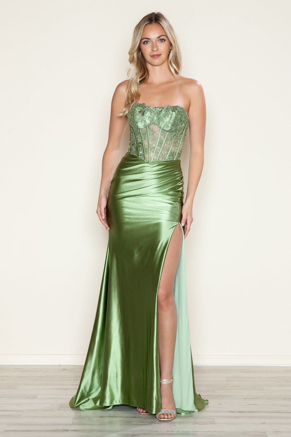 AFIA BEADED SATIN green lace bodice slit prom gown, strapless with corset boning. Elegant formal dress Brisbane to Gold Coast.