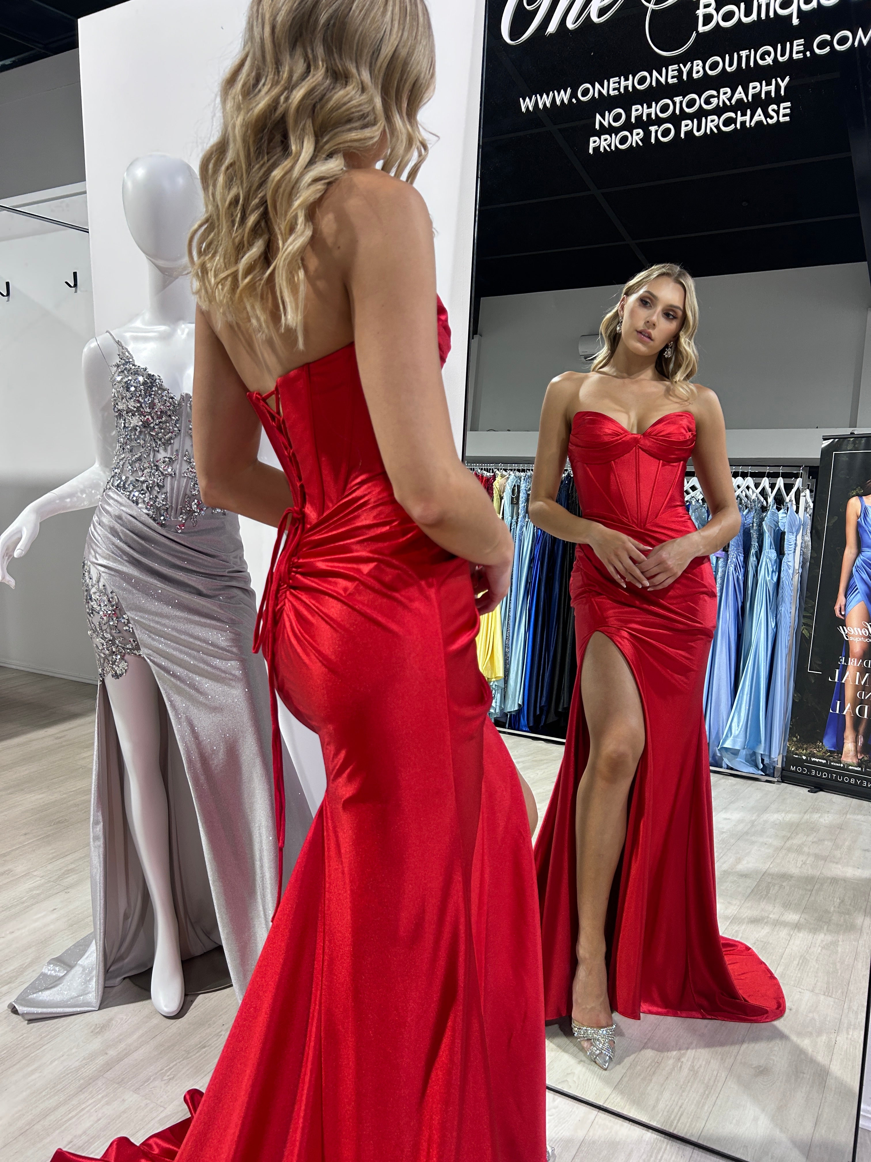 Alt Tag: Honey Couture NOLANI satin mermaid formal dress, designer prom gown with boned bustier and thigh-high slit, Australian formal store.