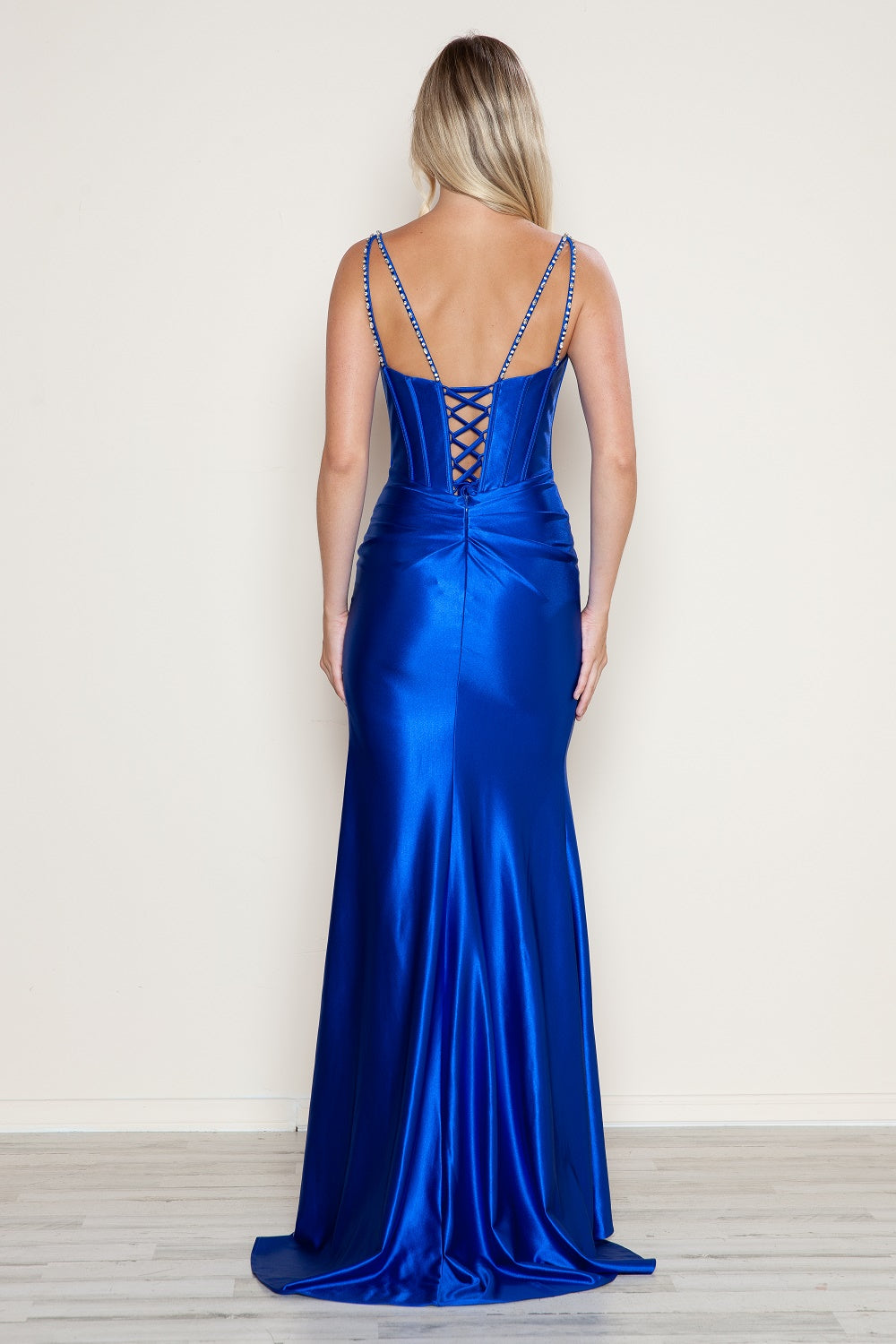LYN FITTED SATIN Blue satin gown with beaded straps, corset back. Prom dress, school formal attire. Brisbane to Gold Coast, Australia.