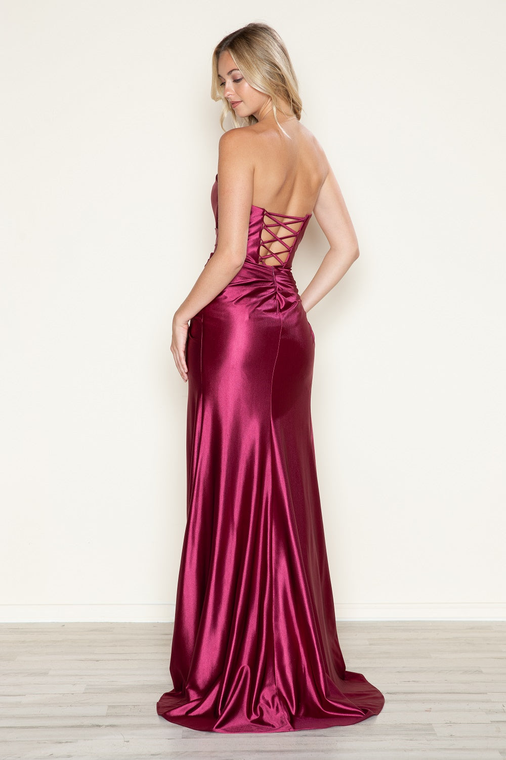 SERENITY burgundy satin lace-up prom gown, featuring a strapless design and sleek silhouette. Brisbane to Gold Coast, Australia.