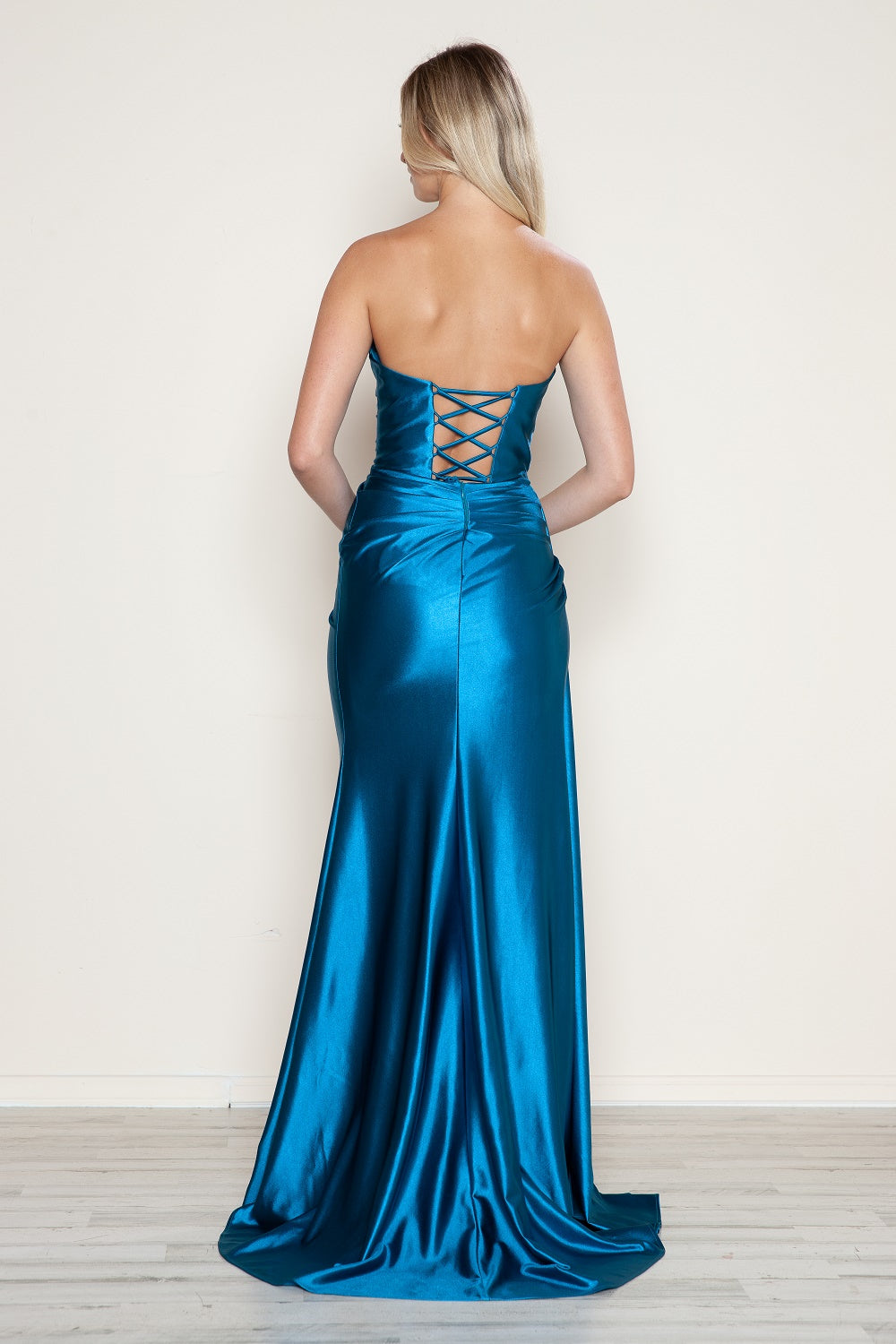 SERENITY Strapless Satin Sash Prom & Formal Dress with lace-up back, smooth satin finish. Prom gown from Brisbane to Gold Coast.