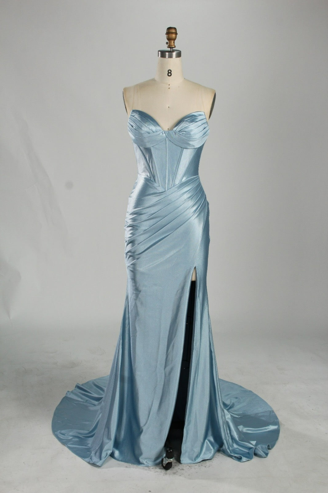 Honey Couture NOLANI Satin Boned Bustier Mermaid Formal Dress, designer prom dress from Australian formal store with long train and leg split