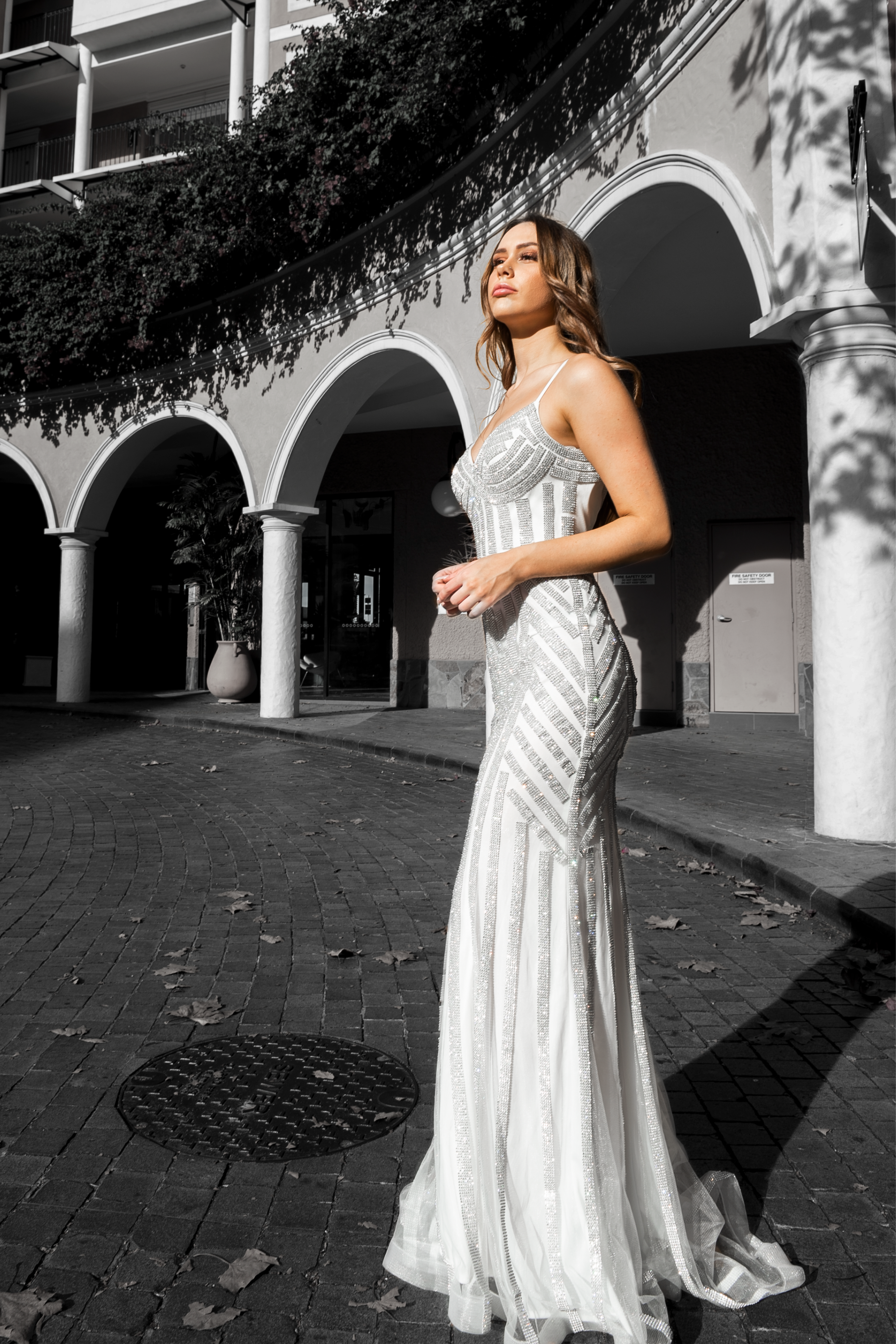 Honey Couture DIAMONDS white sequin mermaid wedding gown by Australian Designer. Elegant prom and evening dress, affordable luxury.