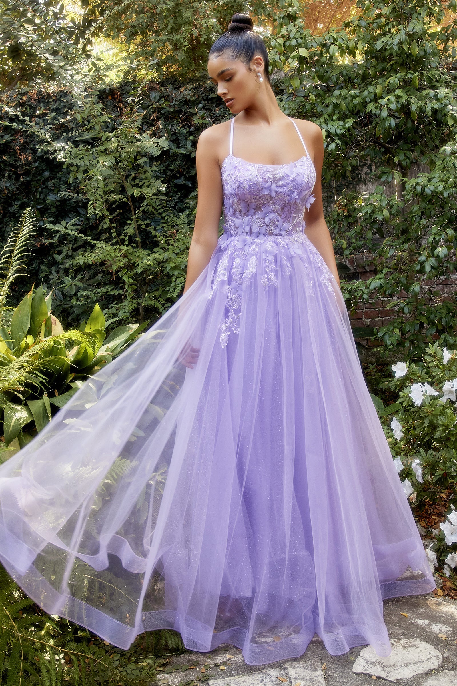 REYA Tulle Corset Back Formal Dress with floral lace and organza butterflies, A-line evening gown. Brisbane to Gold Coast, Australia.