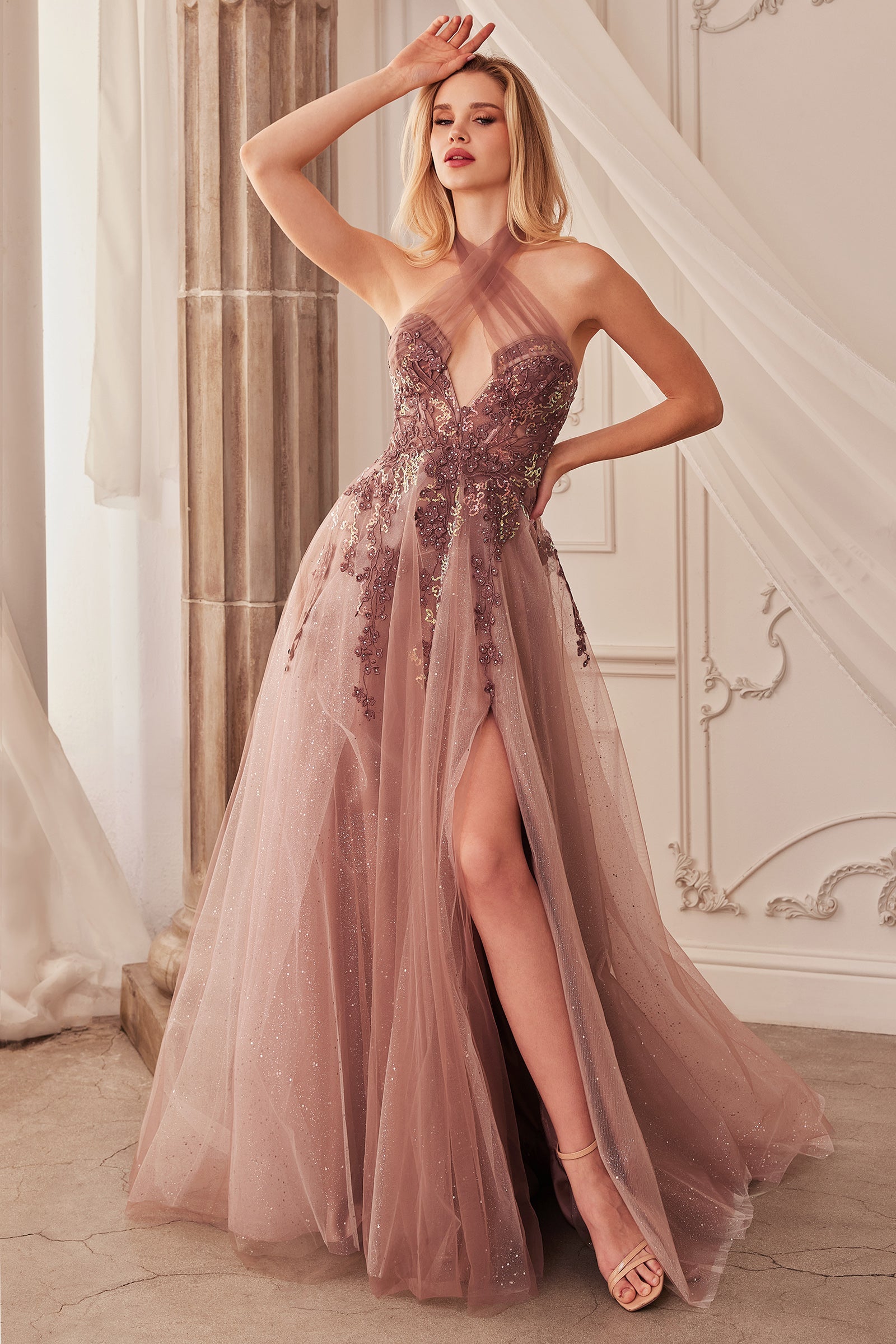KIORA Glitter Tulle Halter Neck A Line Prom & Formal Ball Gown