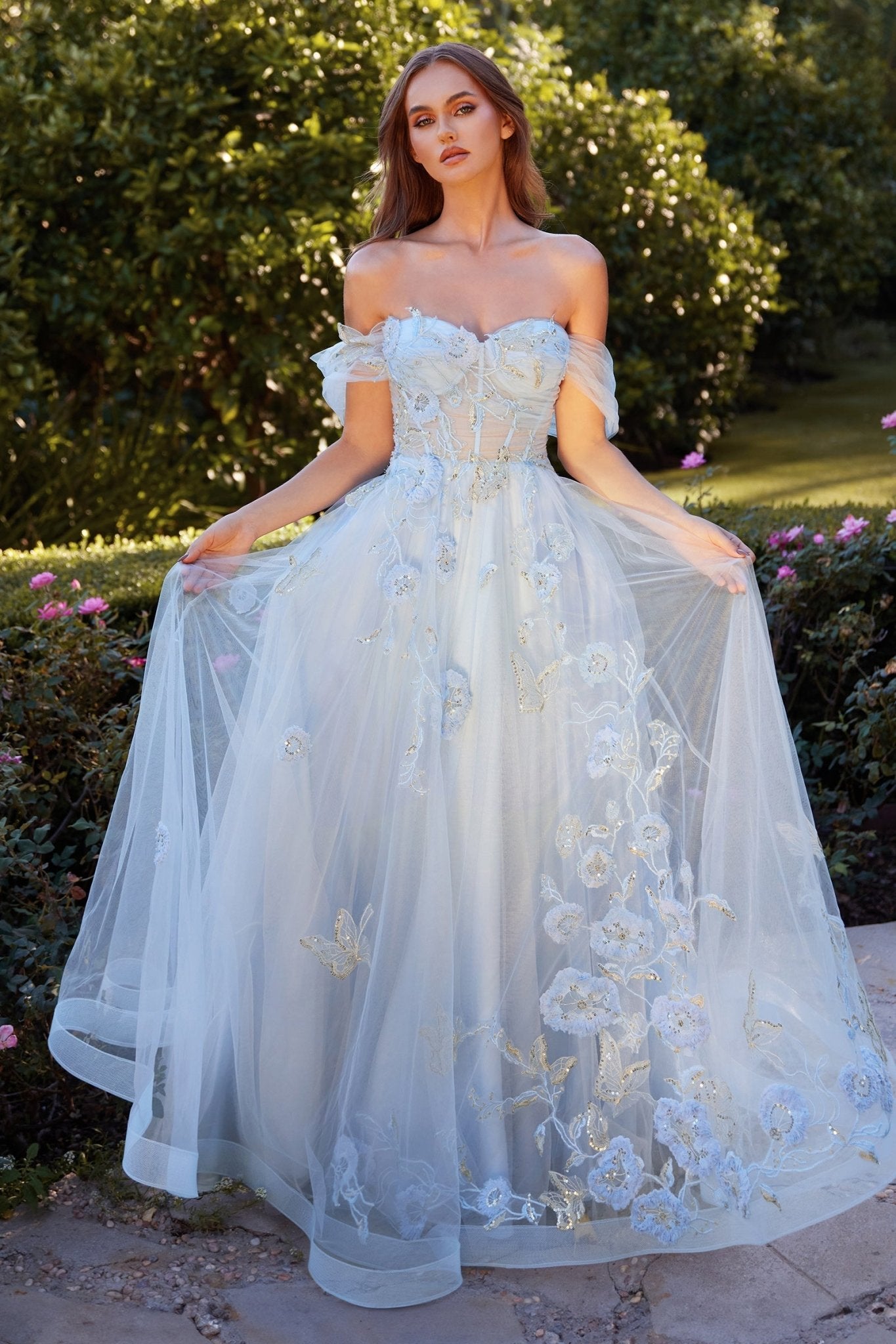 LIORA Dusty Blue Off Shoulder A Line Prom & Formal Ball Gown in Australia | One Honey Boutique