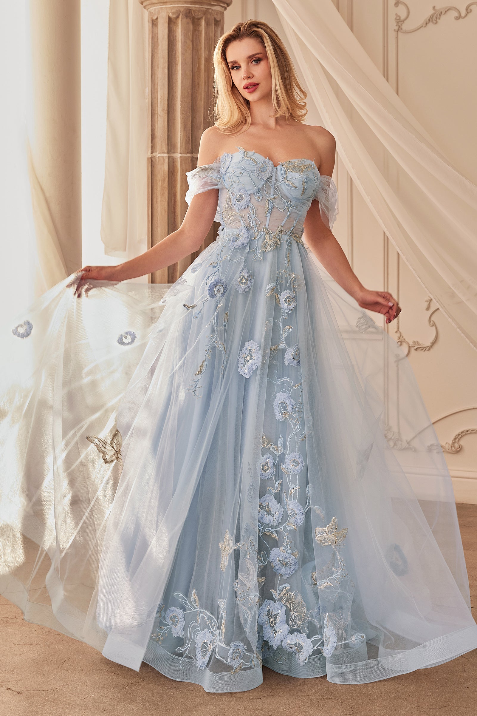 LIORA Dusty Blue Off Shoulder A Line Prom & Formal Ball Gown