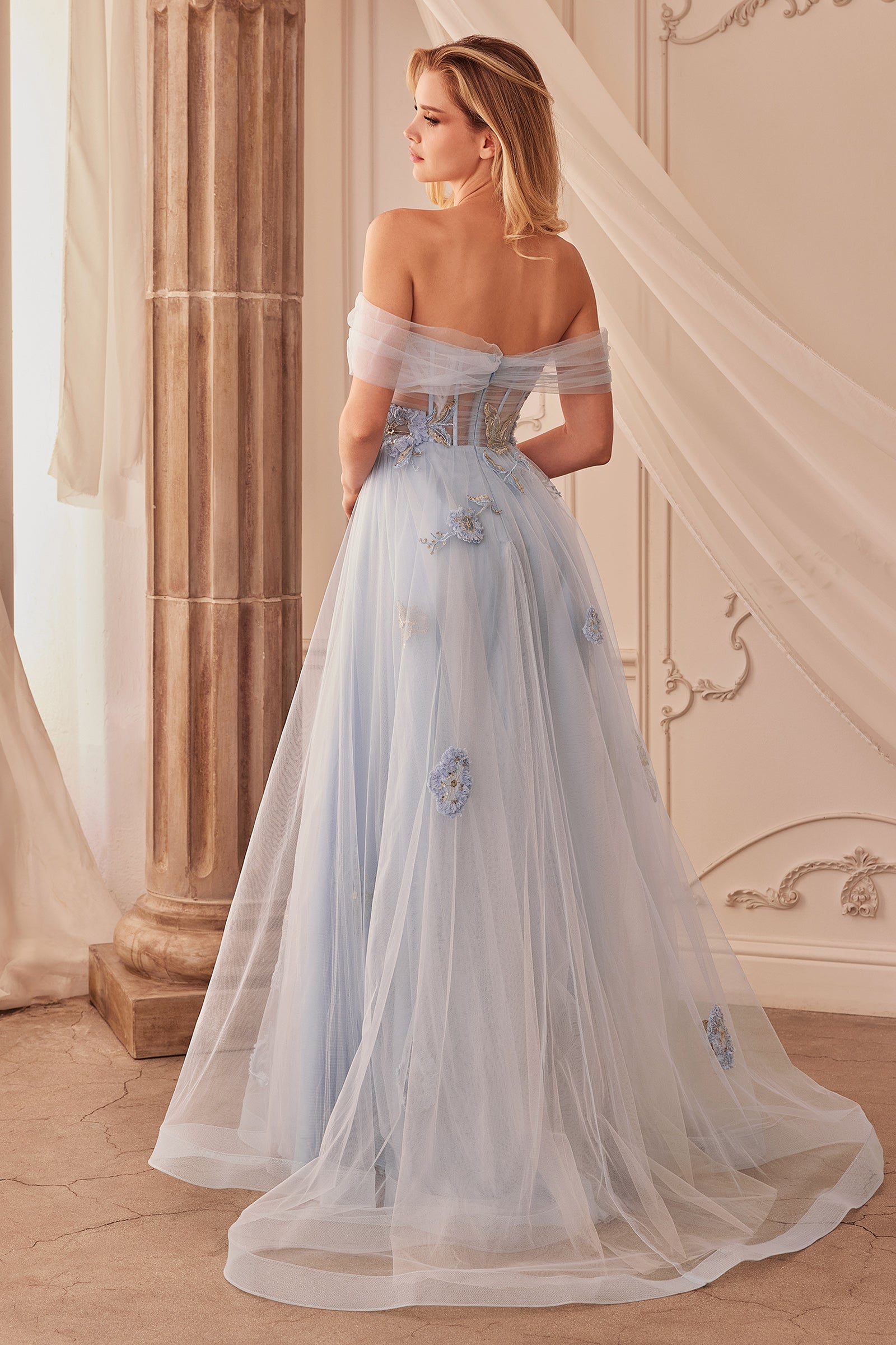 LIORA Dusty Blue Off Shoulder A Line Prom & Formal Ball Gown