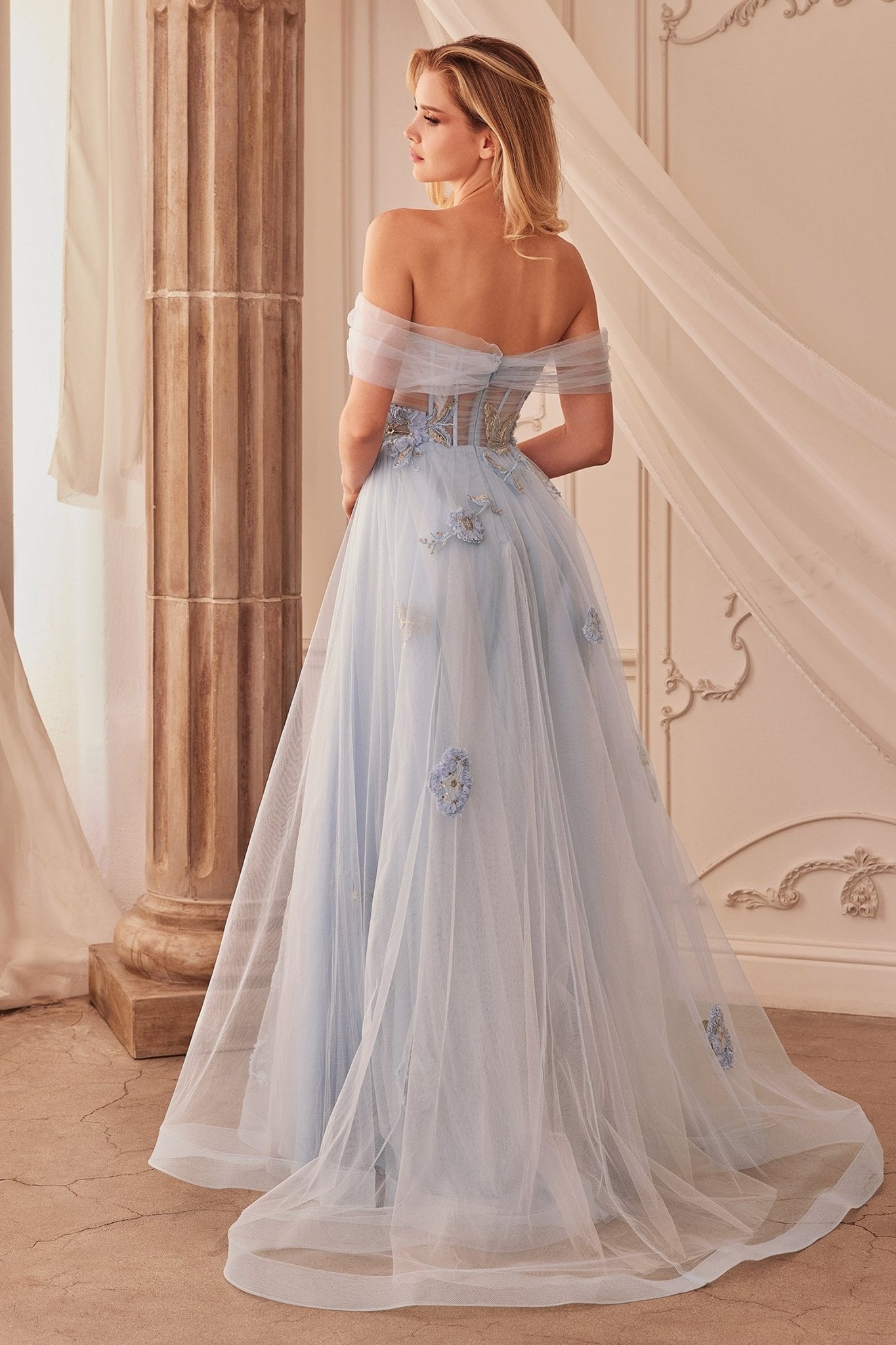 LIORA Dusty Blue Off Shoulder A Line Prom & Formal Ball Gown in Australia | One Honey Boutique