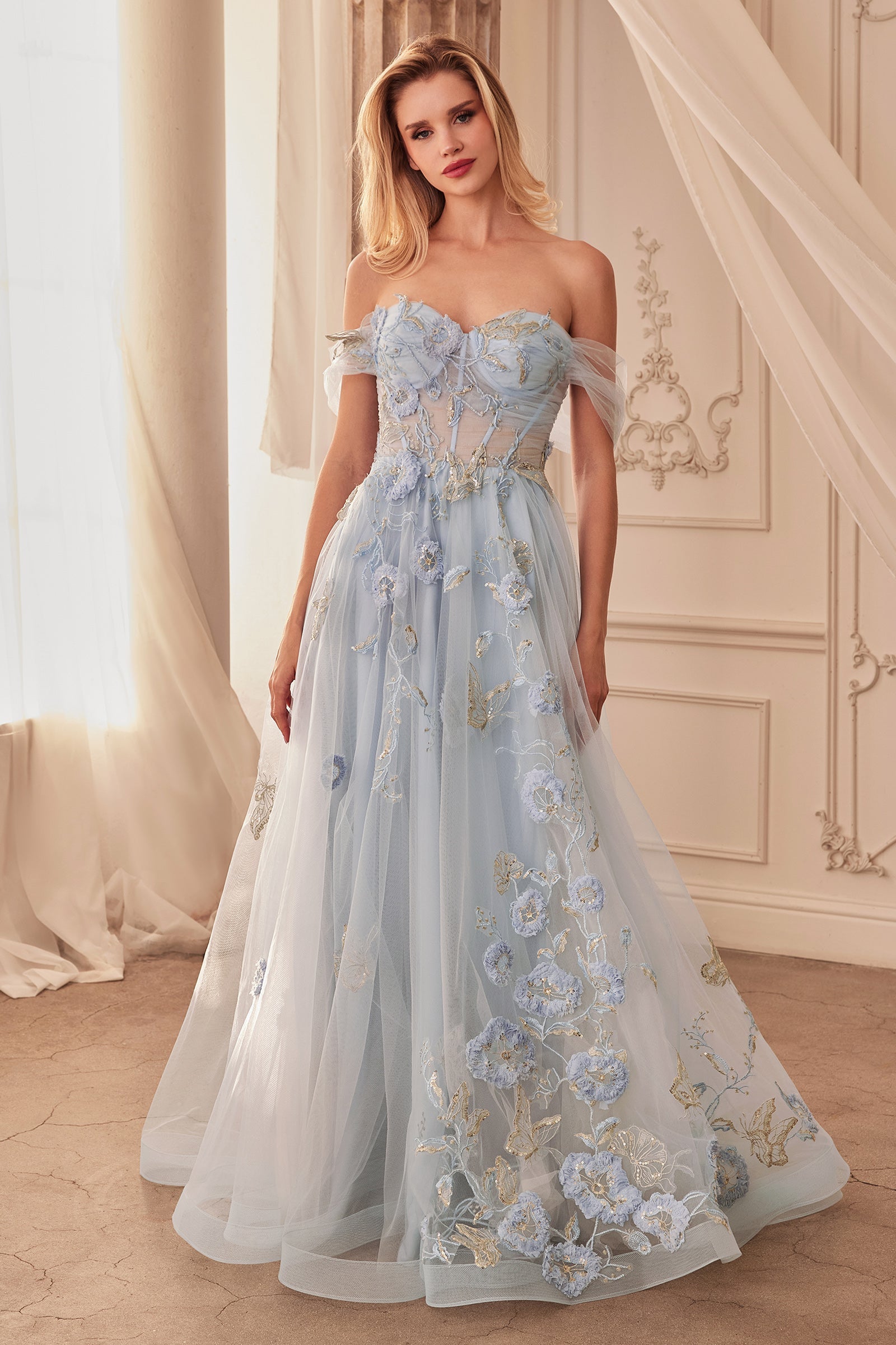 LIORA Dusty Blue Off Shoulder A Line Prom & Formal Ball Gown