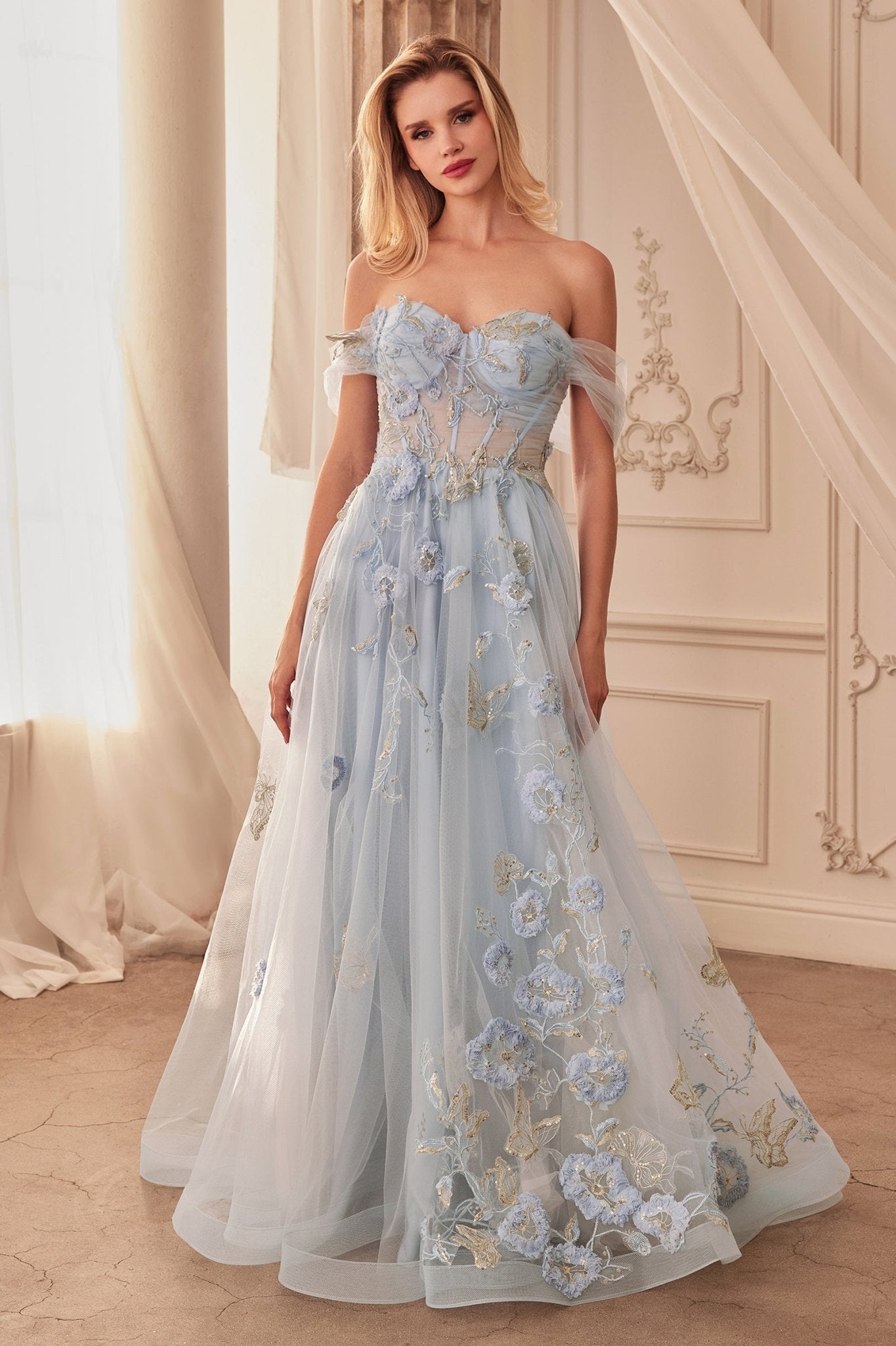 LIORA Dusty Blue Off Shoulder A Line Prom & Formal Ball Gown in Australia | One Honey Boutique