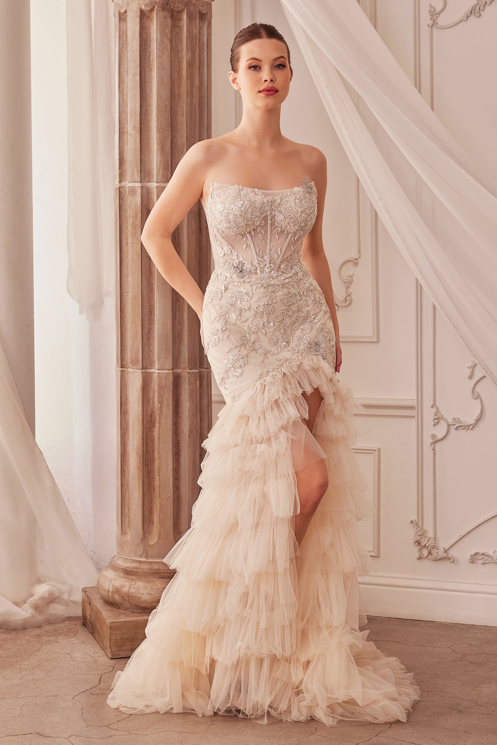 KATANA Strapless Embellished Applique Tulle Mermaid Leg Slit Prom & Formal Dress