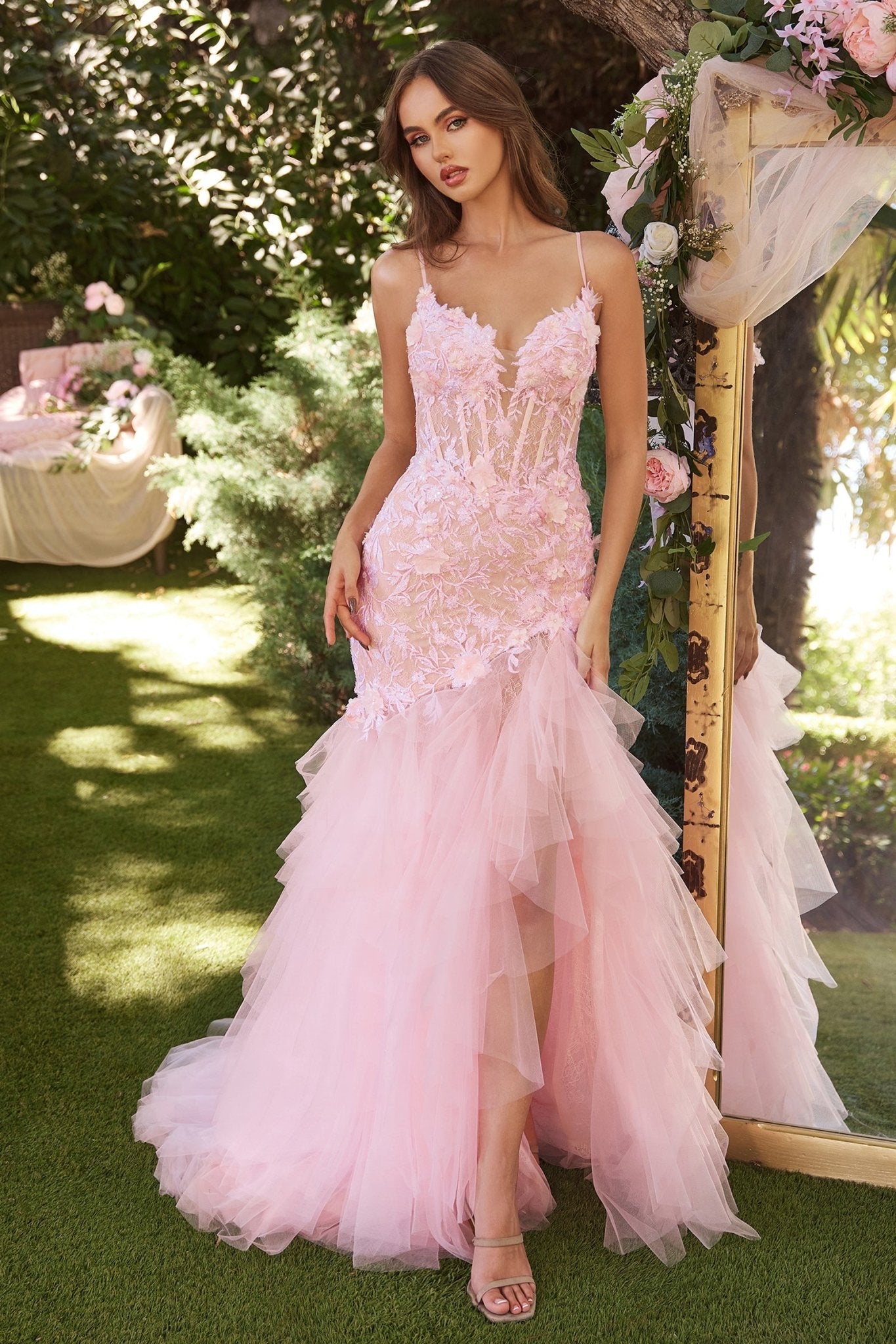 LEXLEY Baby Pink Romantic Floral Applique Tulle Mermaid Prom Formal Gown LEXLEY Baby Pink Romantic Floral Applique Tulle Mermaid Prom Formal Gown