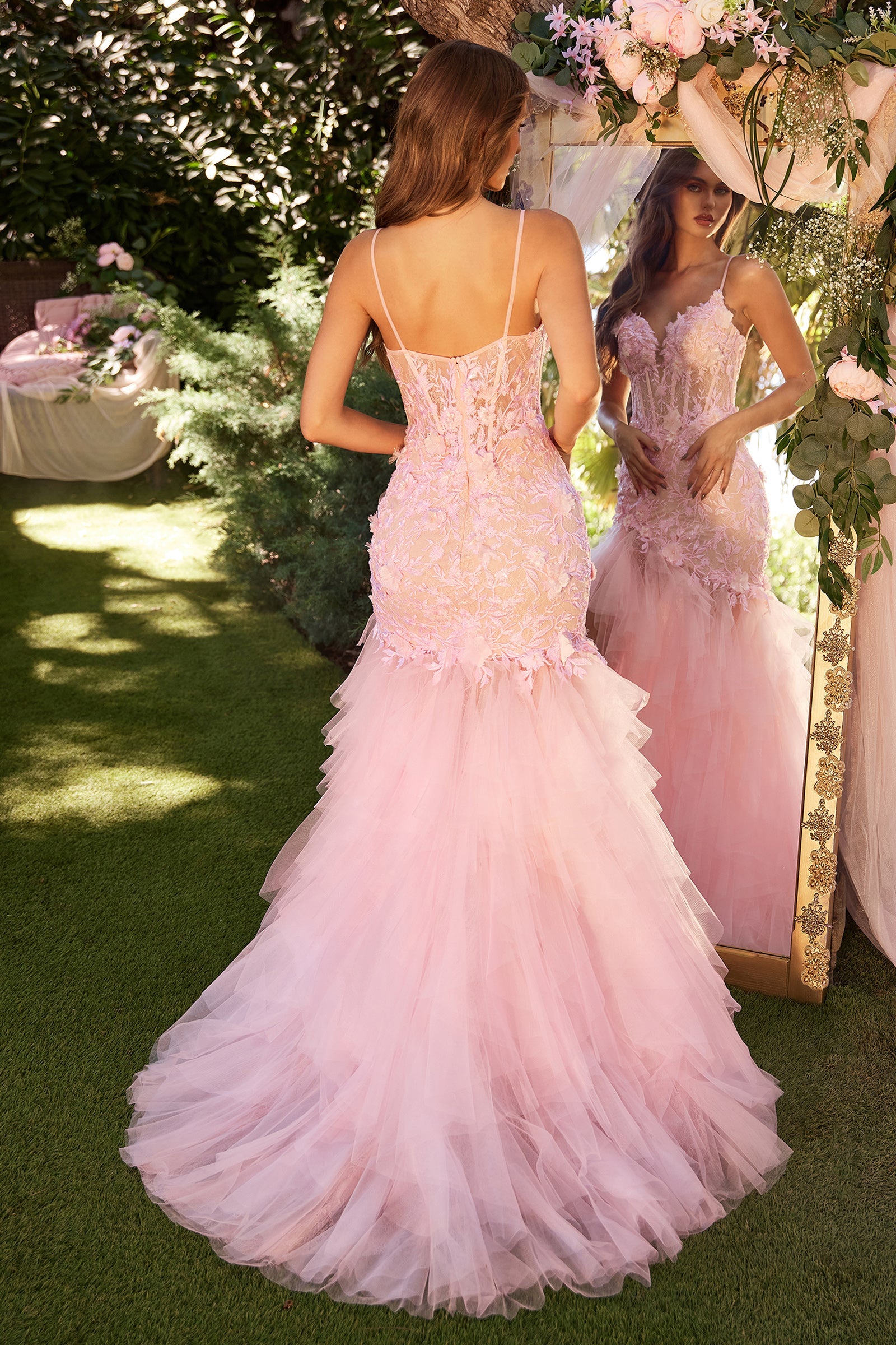 LEXLEY Baby Pink Romantic Floral Applique Tulle Mermaid Prom & Formal Dress