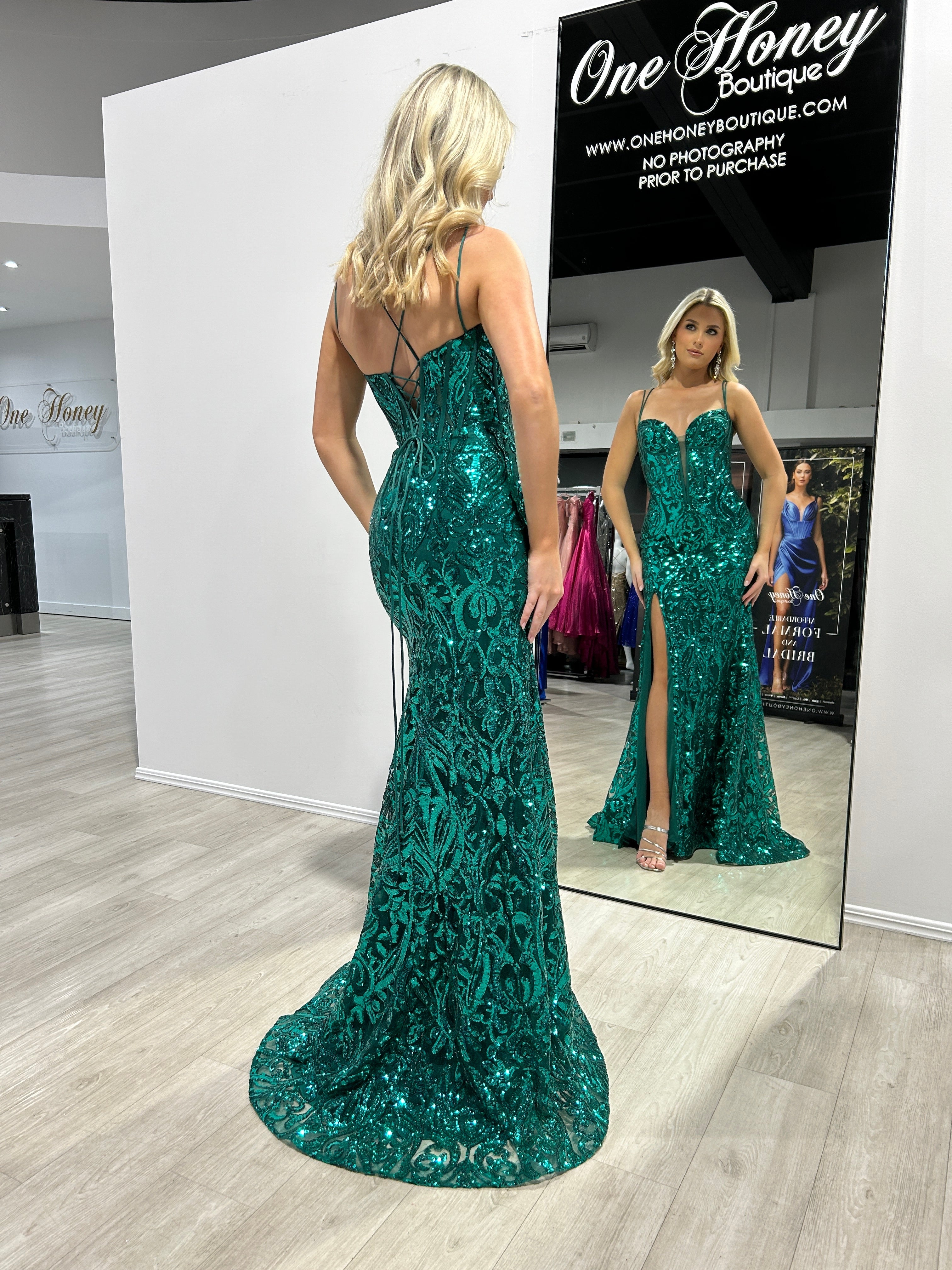 MILLIE sequin corset mermaid gown with floral motif and lace-up back, perfect for evening events from Brisbane to Gold Coast, Australia.