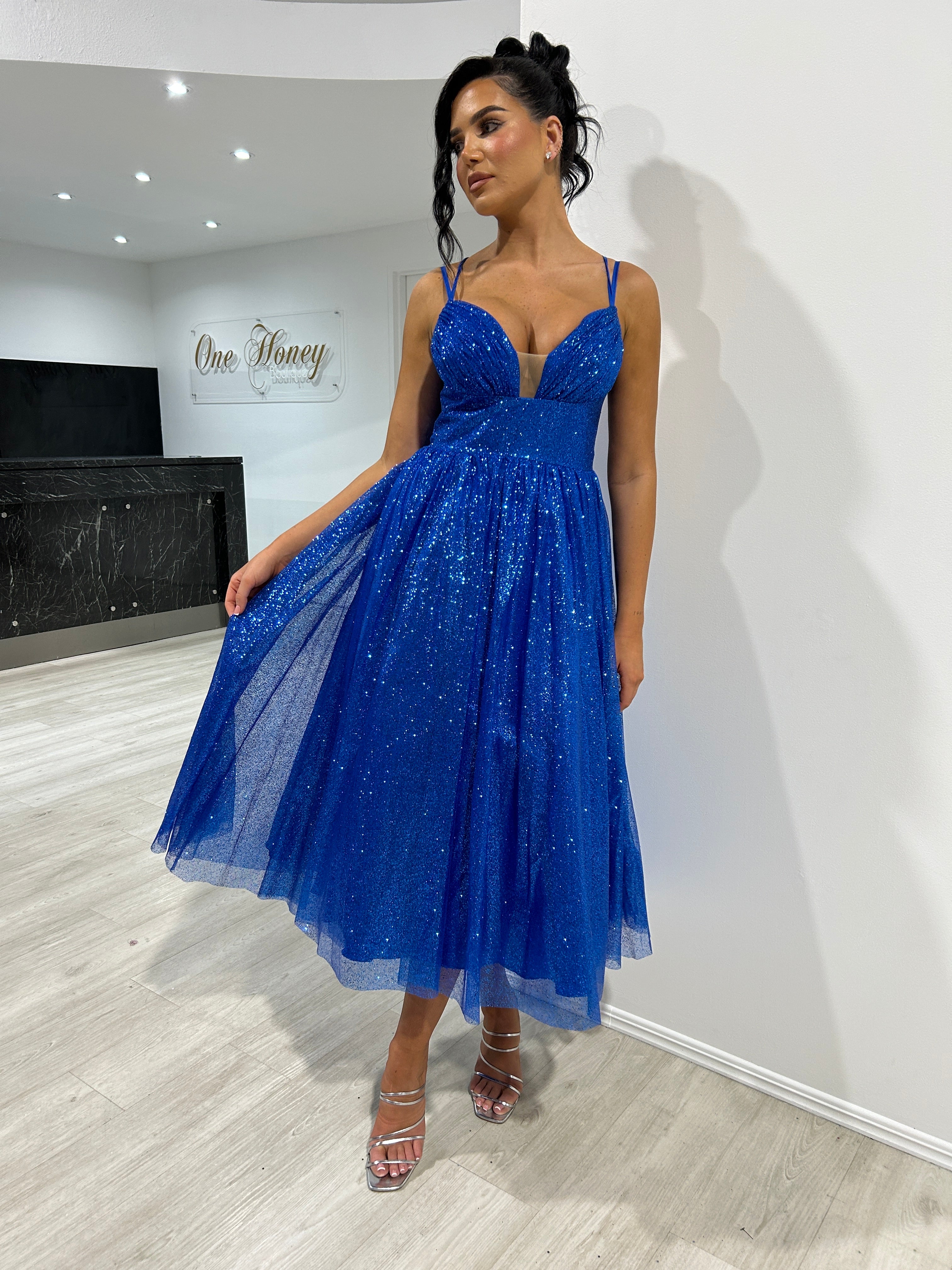 Honey Couture CAM Royal Blue Glitter Tea Length Ball Gown Corset Lace Up Formal Dress