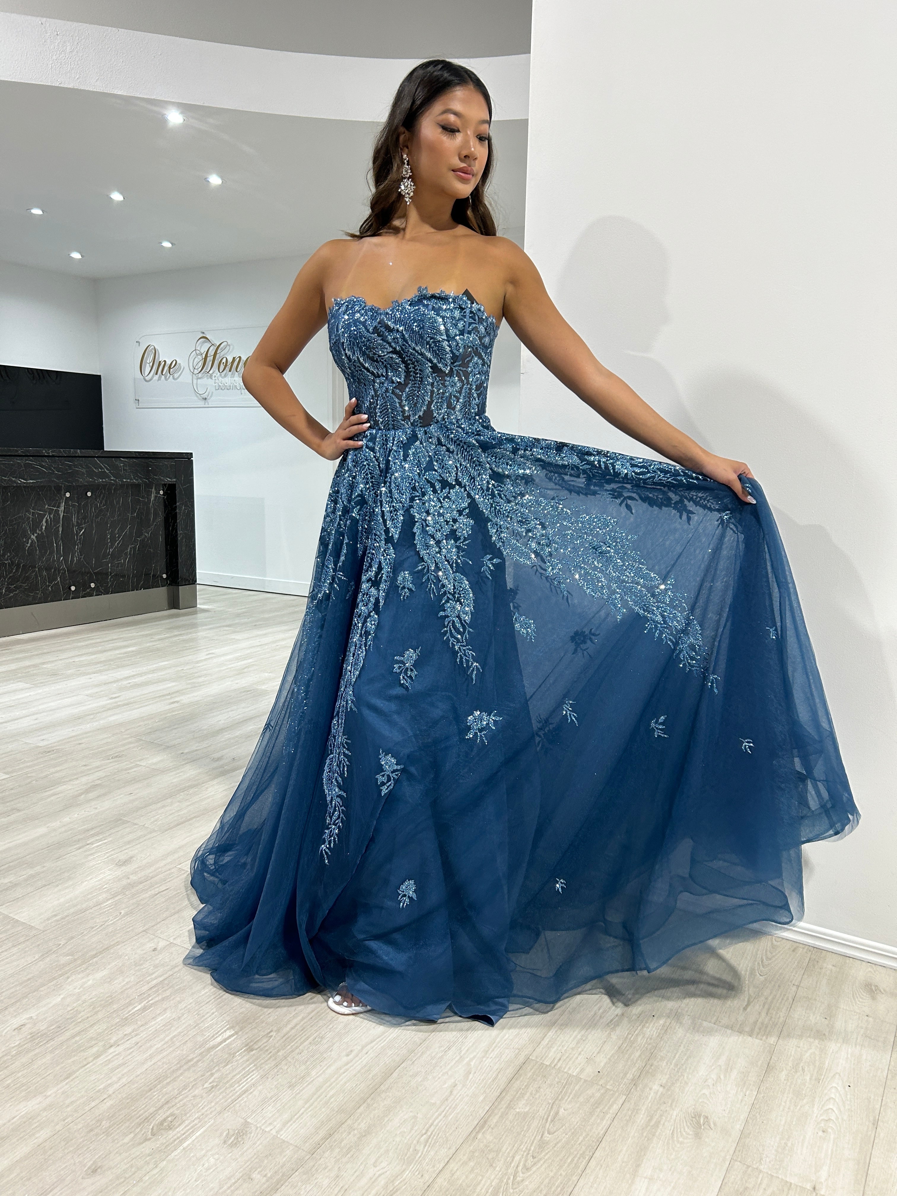 Honey Couture MERCER Lapis Blue Strapless Glitter Ball Gown Formal Dress