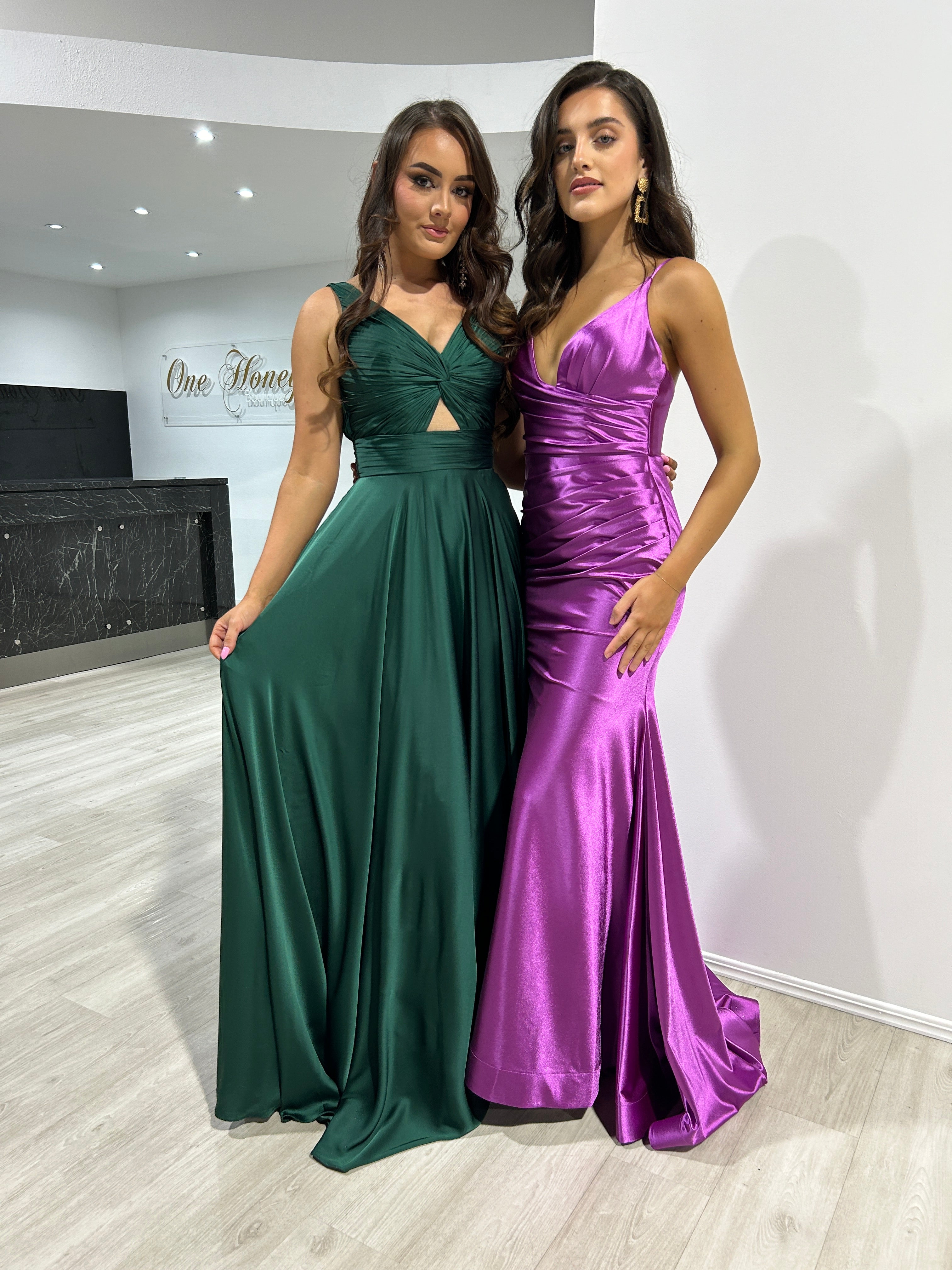 CHARLIE Stretch Satin Mermaid Prom & Formal Dress showcasing thin straps and pleated waistline. Evening gown style, Brisbane to Gold Coast.