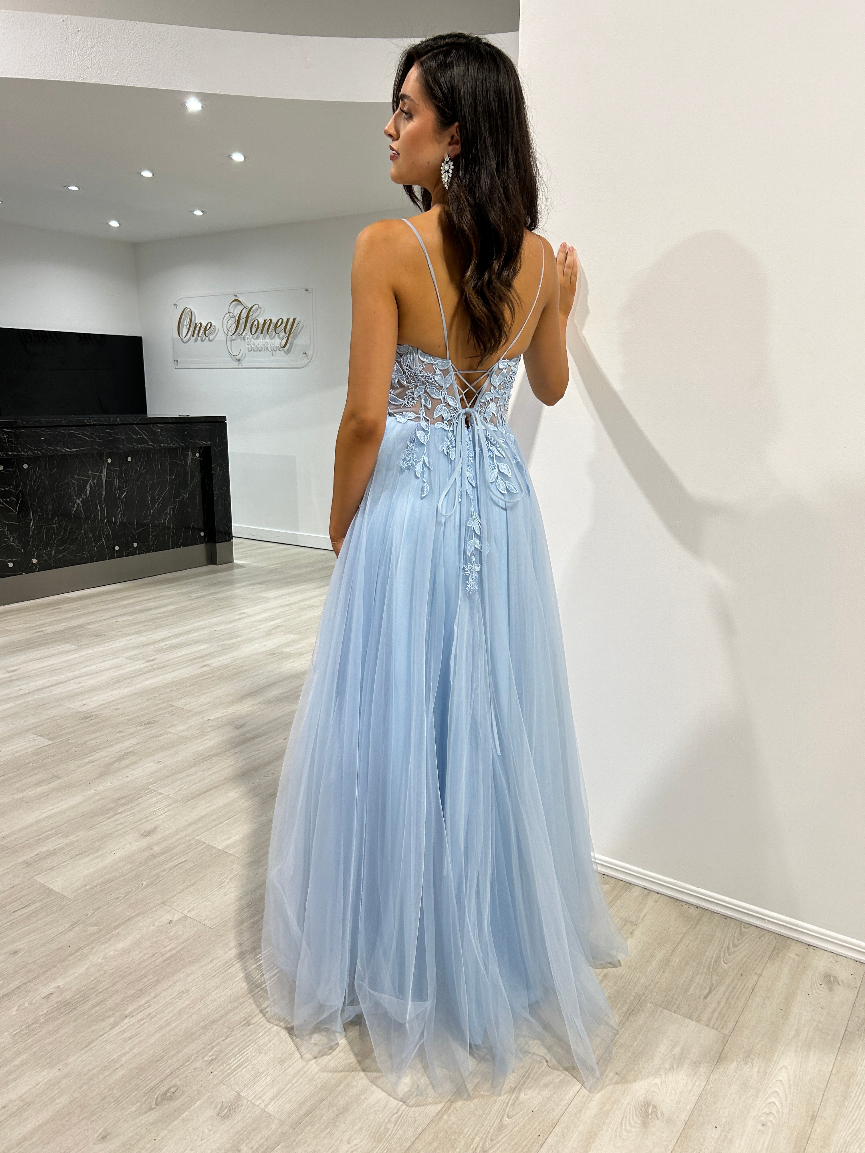 Honey Couture JARRISSA Blue Tulle A Line Formal Dress, Australian Designer Evening Gown, Lace-up Back, Affordable Prom Dress