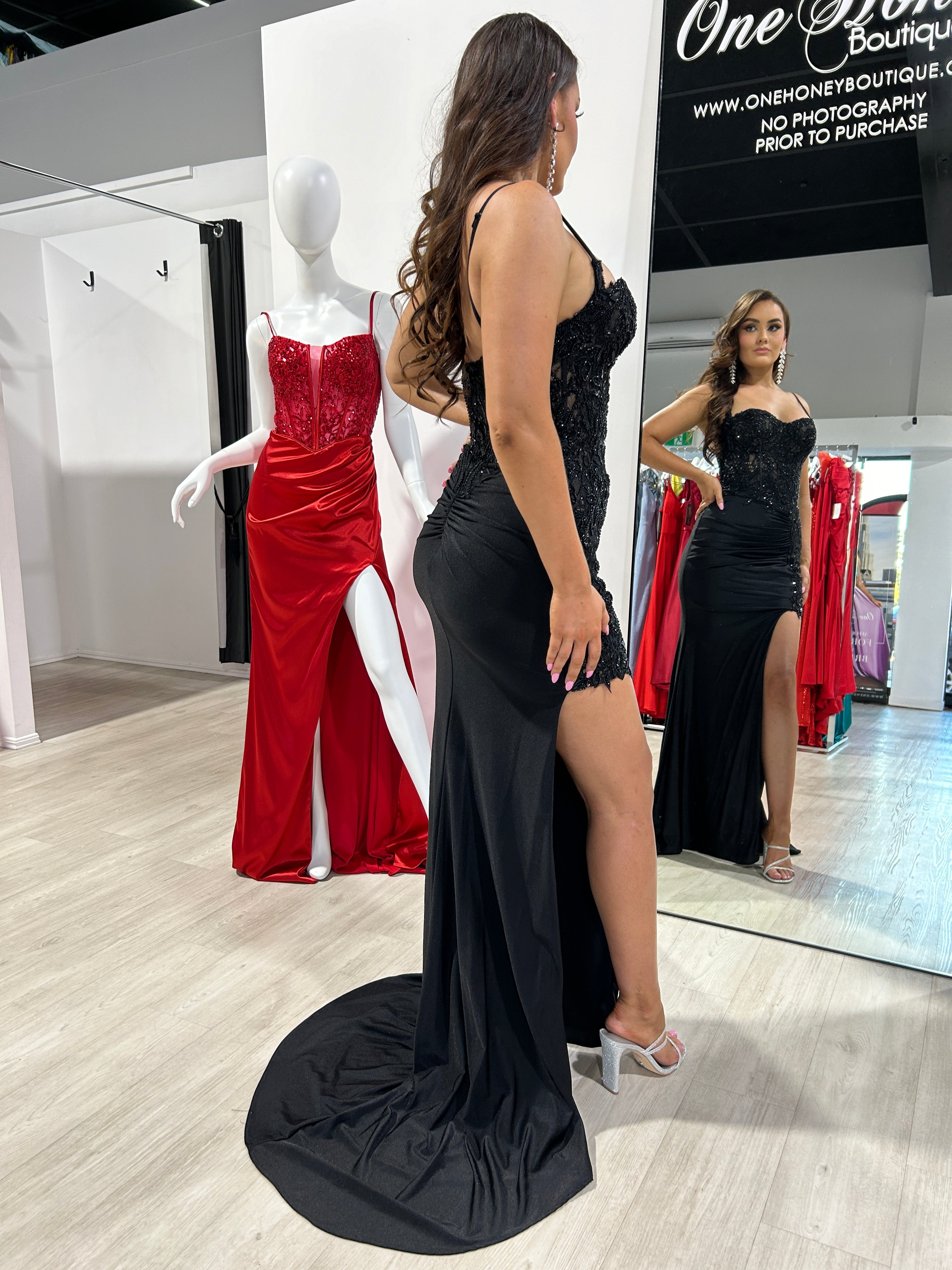 PIA Black Lace Bustier Stretch Satin Mermaid Formal Dress with lace bodice and satin slit, evening gown Brisbane to Gold Coast