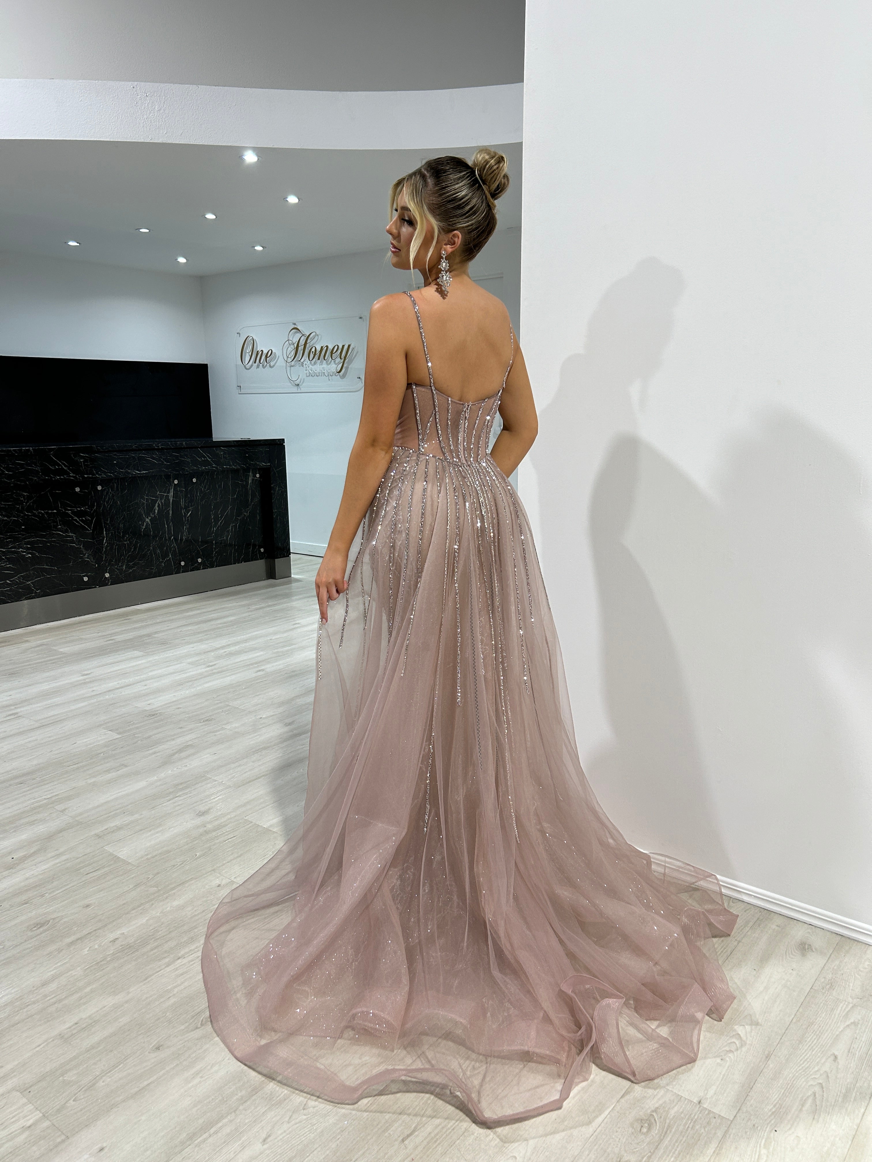 RESTORA beaded diamante overskirt evening gown with intricate beading and flowing tulle, perfect for formal events from Brisbane to Gold Coast.