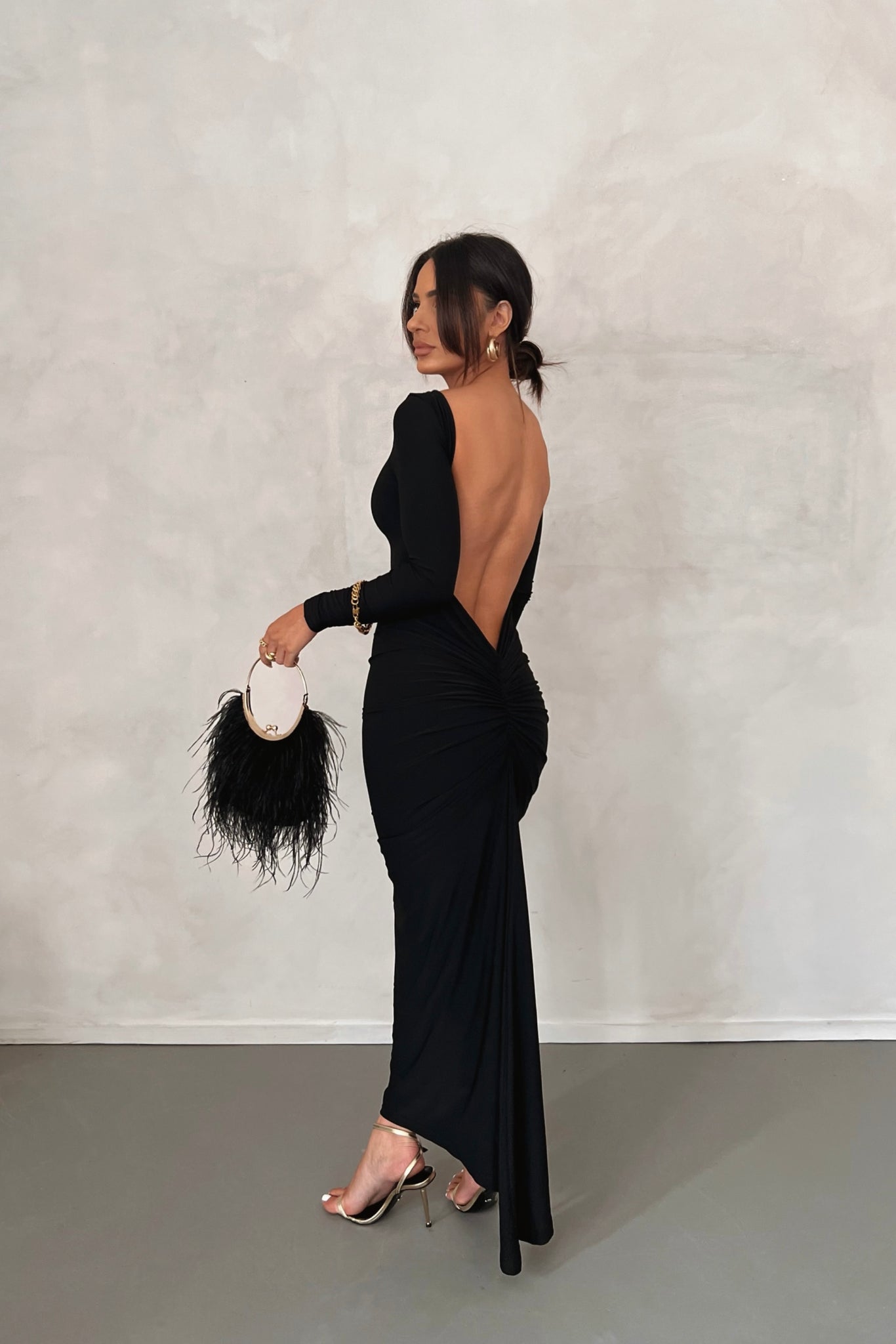 MÉLANI The Label CAMILA Long Sleeve Backless Semi Formal Midi Dress