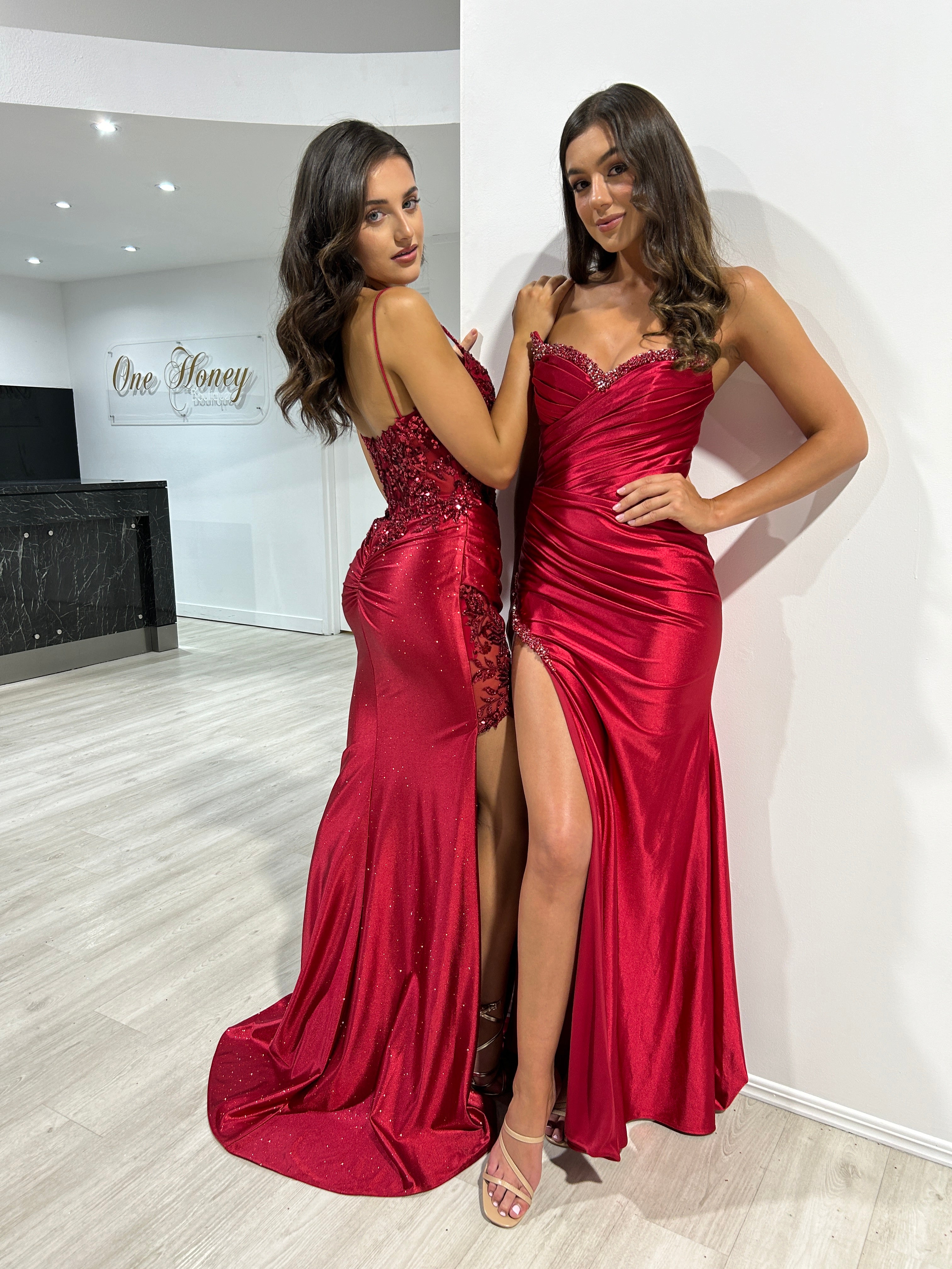 Honey Couture POLINA Deep Red Strapless Satin Embellished Mermaid Formal Dress