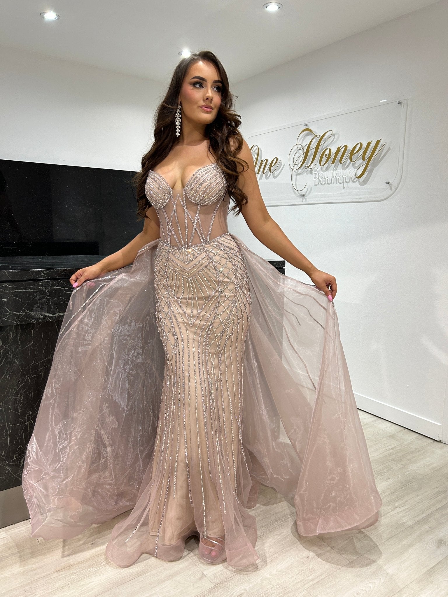 RESTORA Couture Beaded Diamante Overskirt Formal Prom Evening Dress in Australia | One Honey Boutique