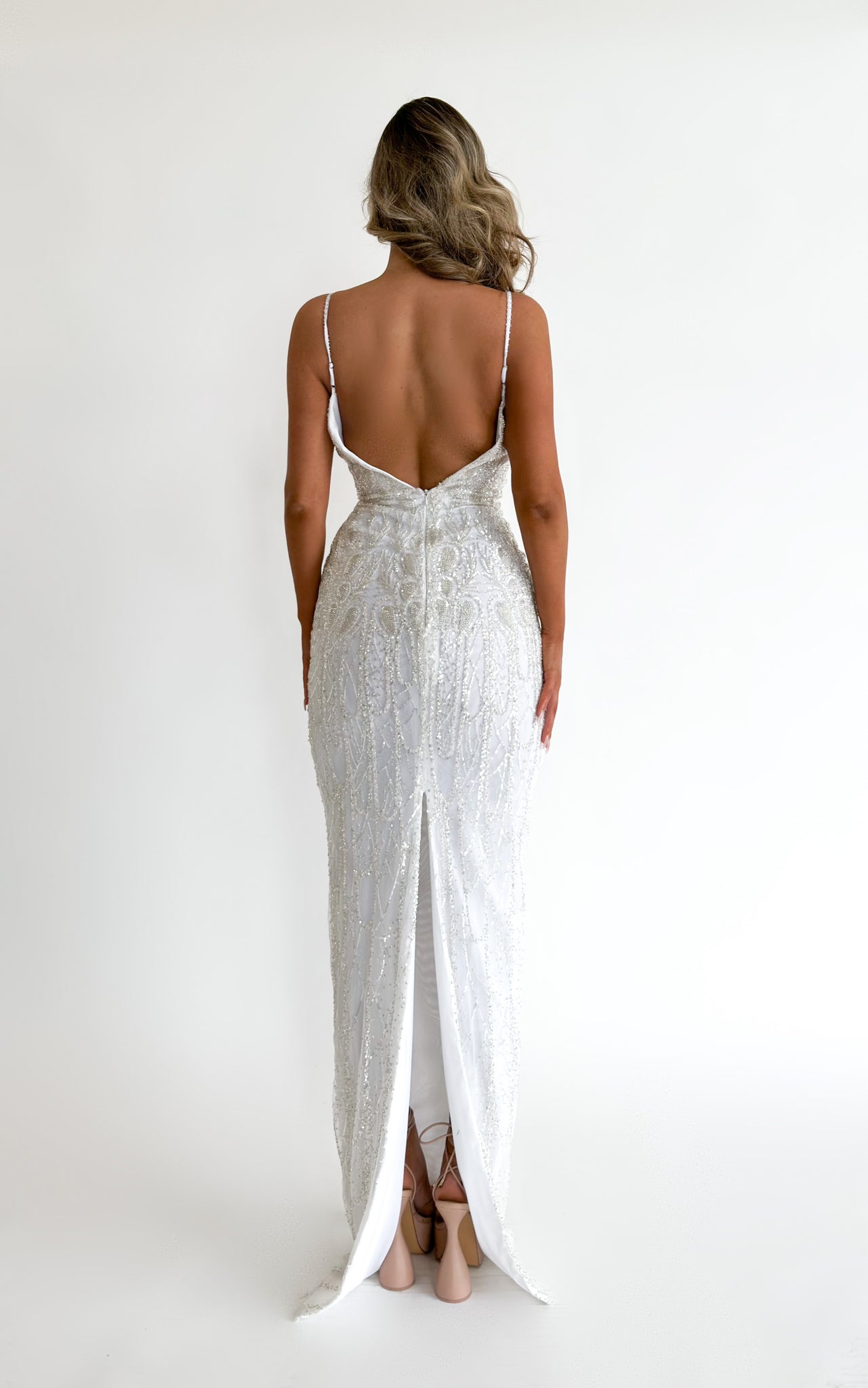 MINNA Fashion AIOLA off white mermaid formal dress featuring sequin design and open back, ideal for Brisbane to Gold Coast events.