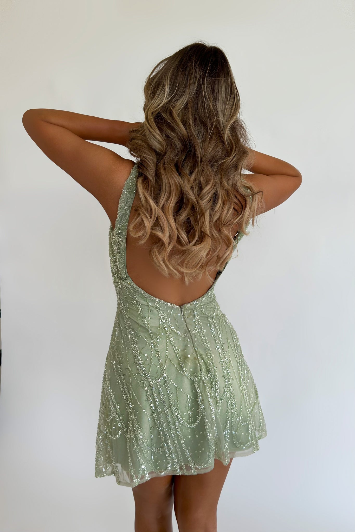 MINNA Fashion ATÉ Green Sequin Scoop Neck Mini Party Dress with open back and thick straps, Brisbane to Gold Coast.
