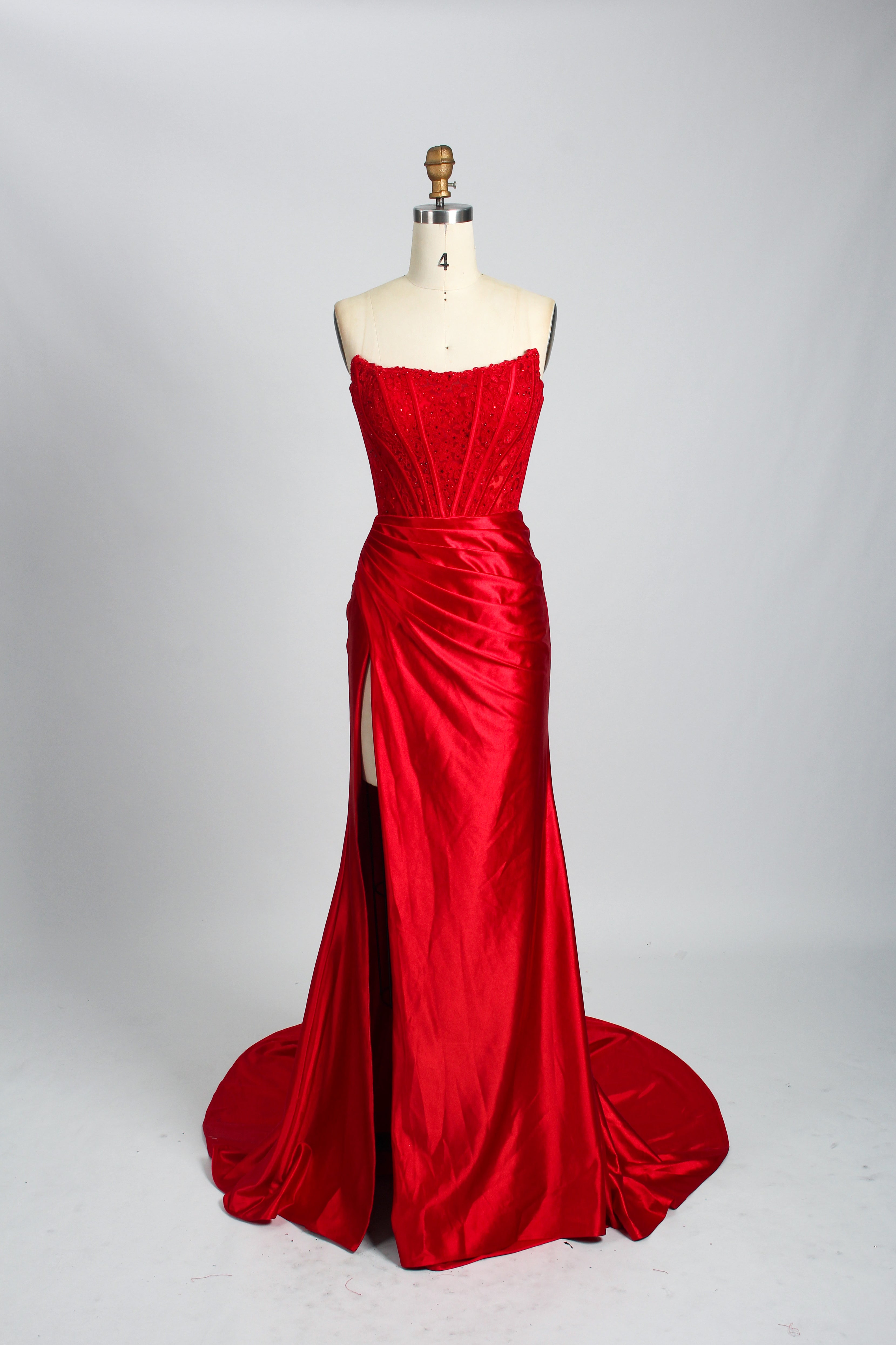 Red strapless embellished bustier satin mermaid formal dress on mannequin, Honey Couture AUGUST, Australian designer evening gown.