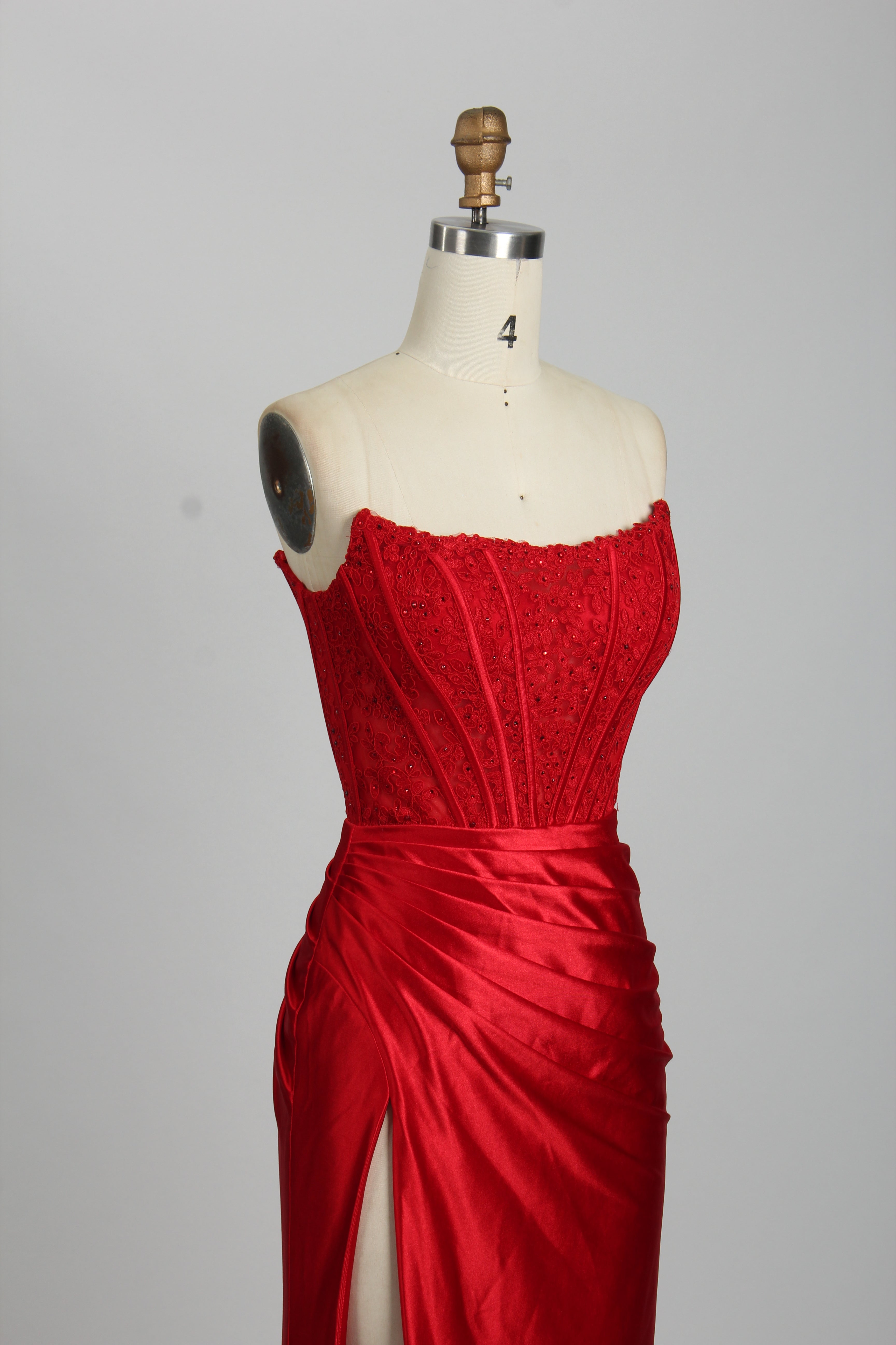 Red strapless embellished bustier satin mermaid dress on mannequin, Honey Couture AUGUST, Australian designer prom and evening gowns.