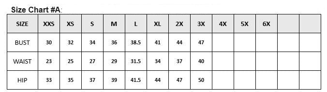 Size chart for dresses, showing measurements for bust, waist, and hip from size XXS to 6X.