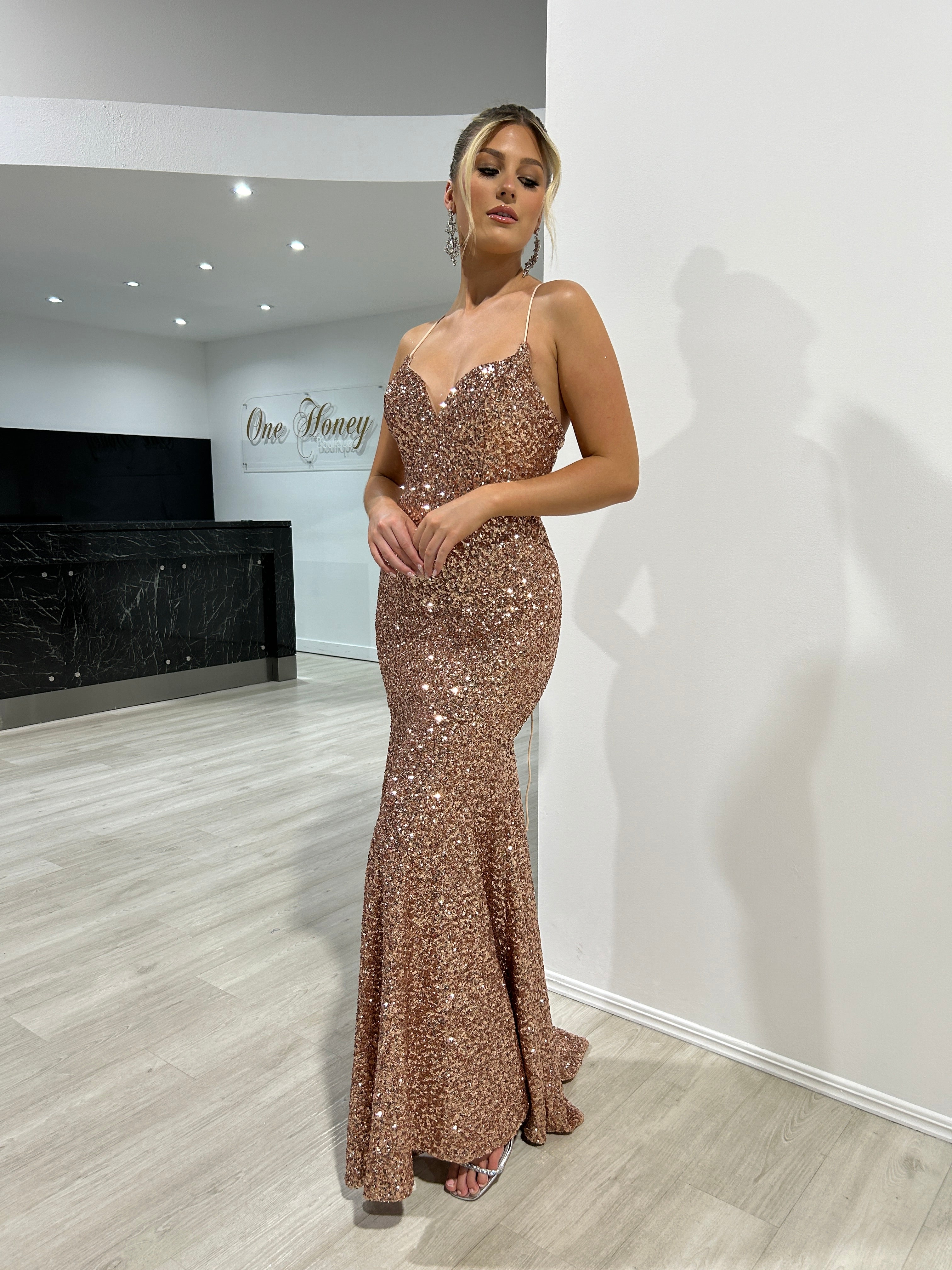 Honey Couture NORMA Rose Gold Sequin Mermaid Formal Dress