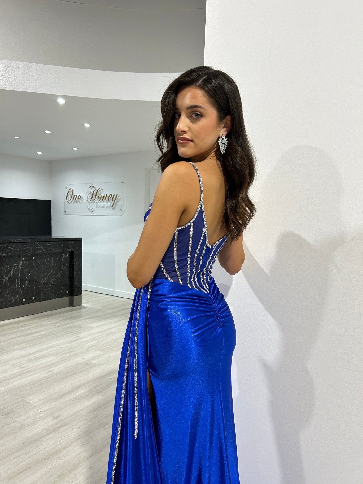 NIA Silky Mirror Tiles Corset Satin Mermaid Formal Dress in Australia | One Honey Boutique