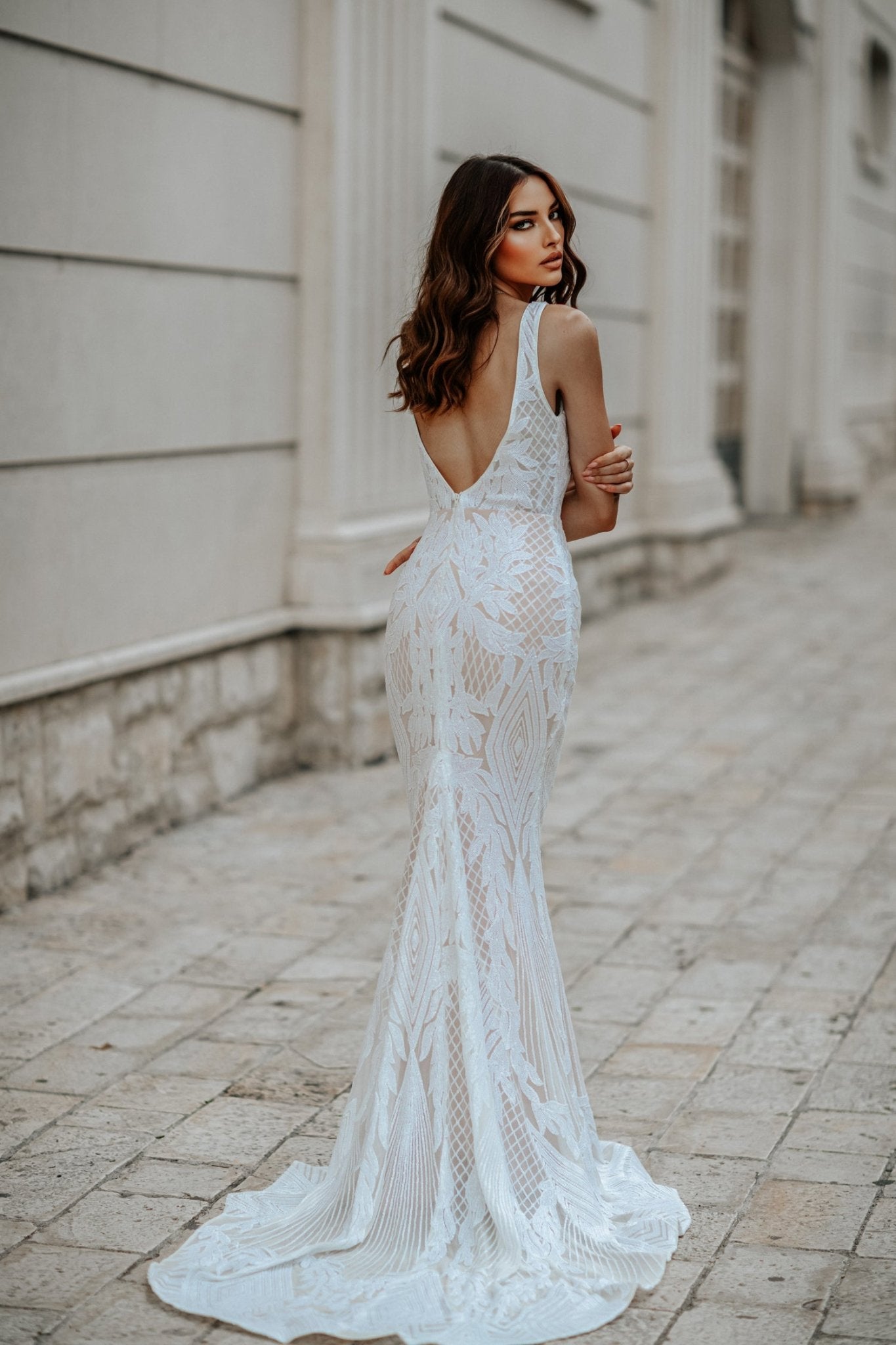 Tina Holly Couture BB052 White & Nude Sequin & Lace Mermaid Bridal Formal Dress in Australia | One Honey Boutique