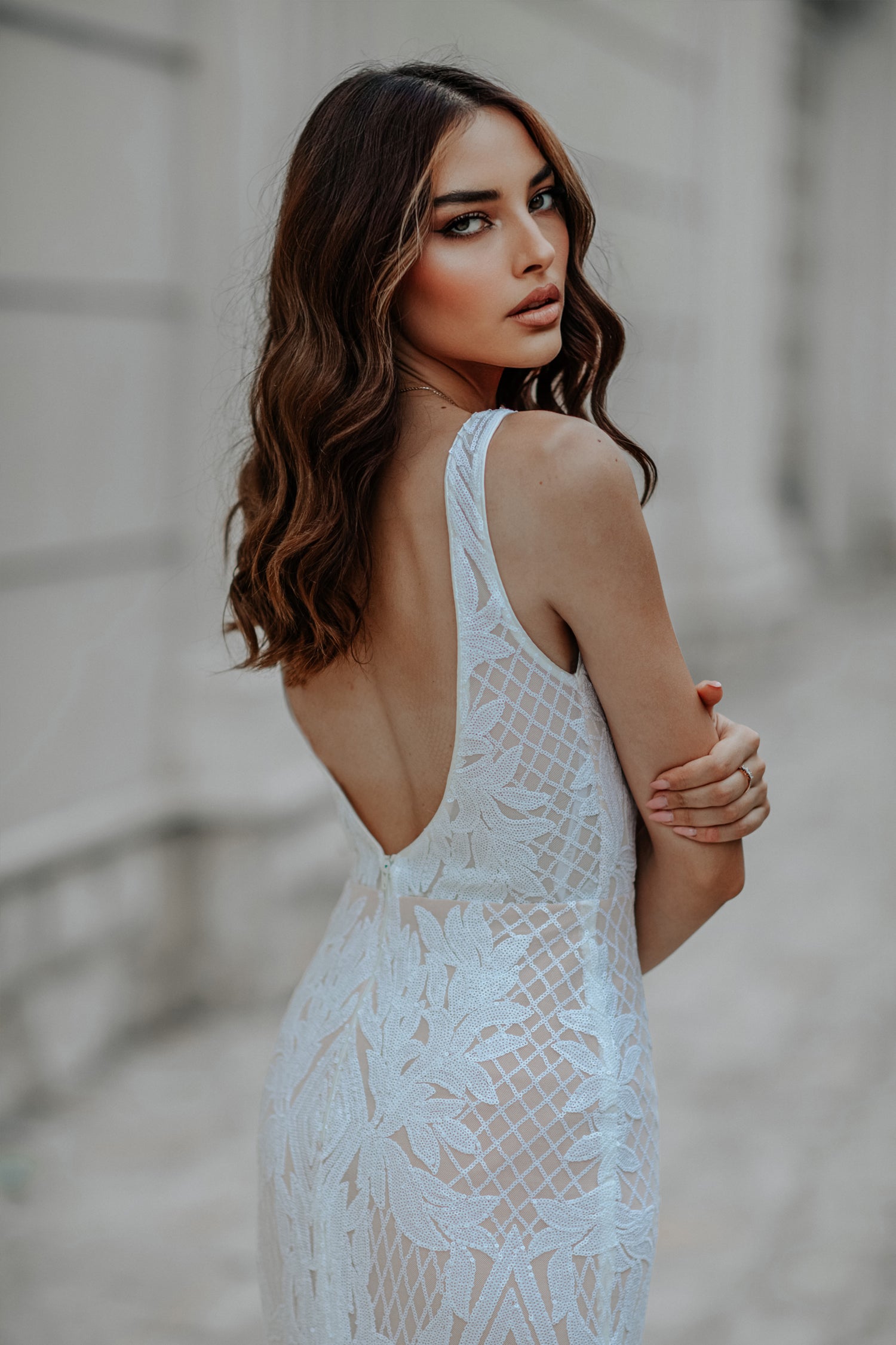 Tina Holly Couture BB052 sequin lace mermaid dress with nude underlay, featuring open back design, bridal formal fashion, Brisbane to Gold Coast.
