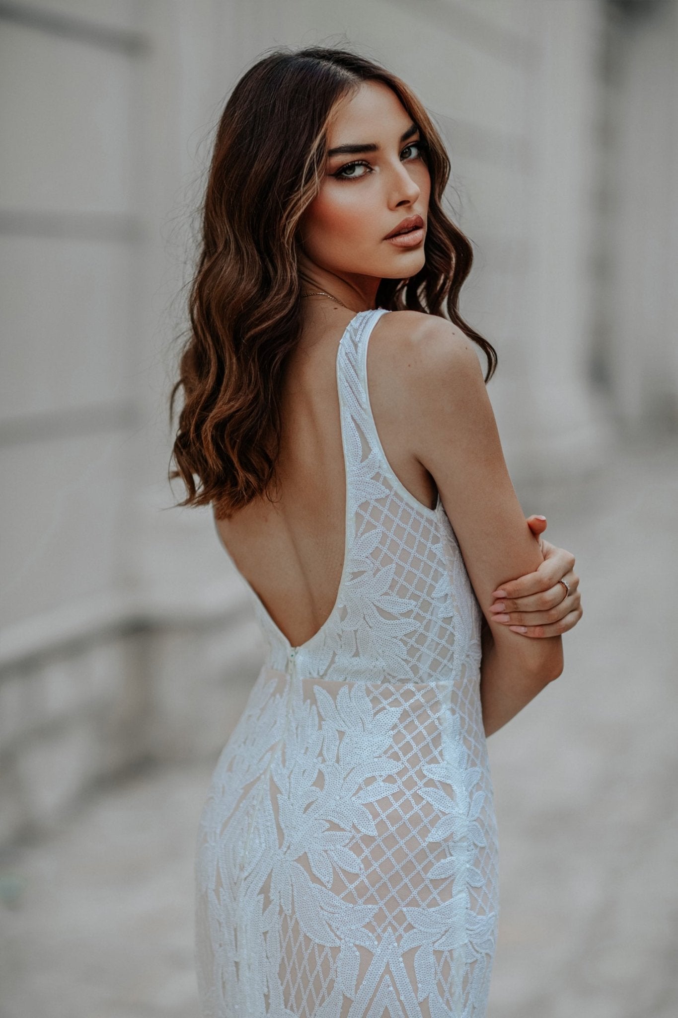 Tina Holly Couture BB052 White & Nude Sequin & Lace Mermaid Bridal Formal Dress in Australia | One Honey Boutique