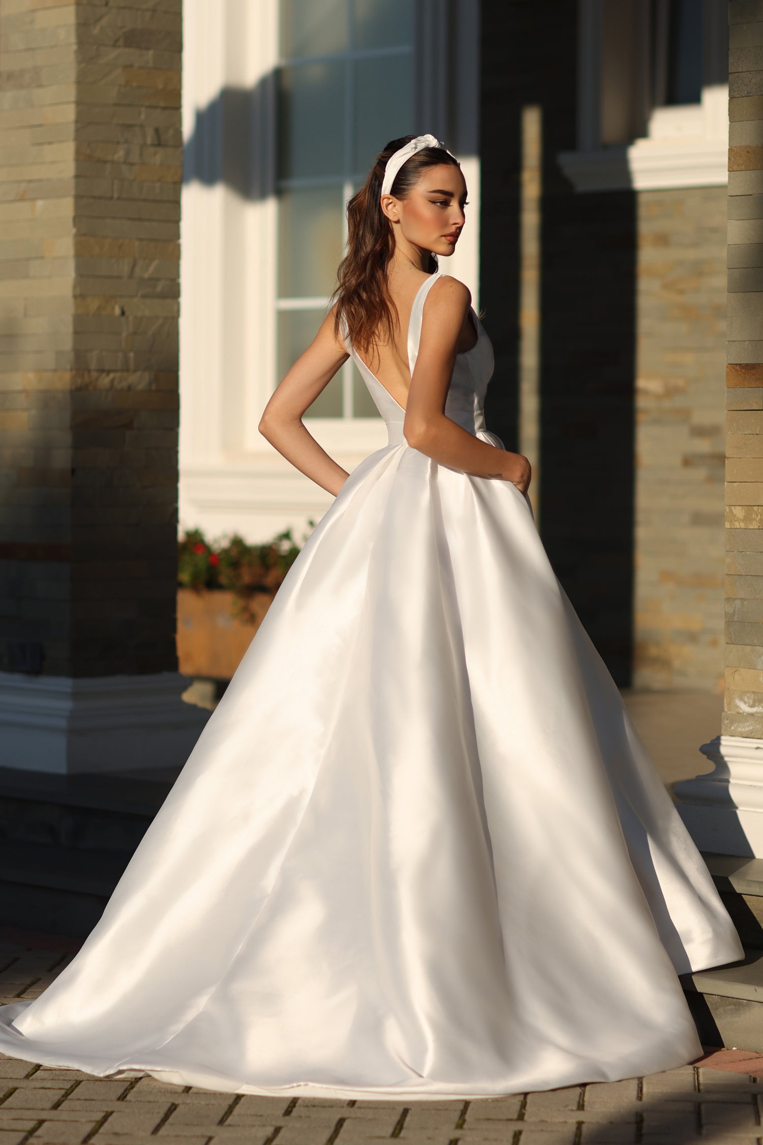 TINA HOLLY COUTURE BB209W white mikado ball gown with V neckline and belted waist, school formal dress Brisbane to Gold Coast