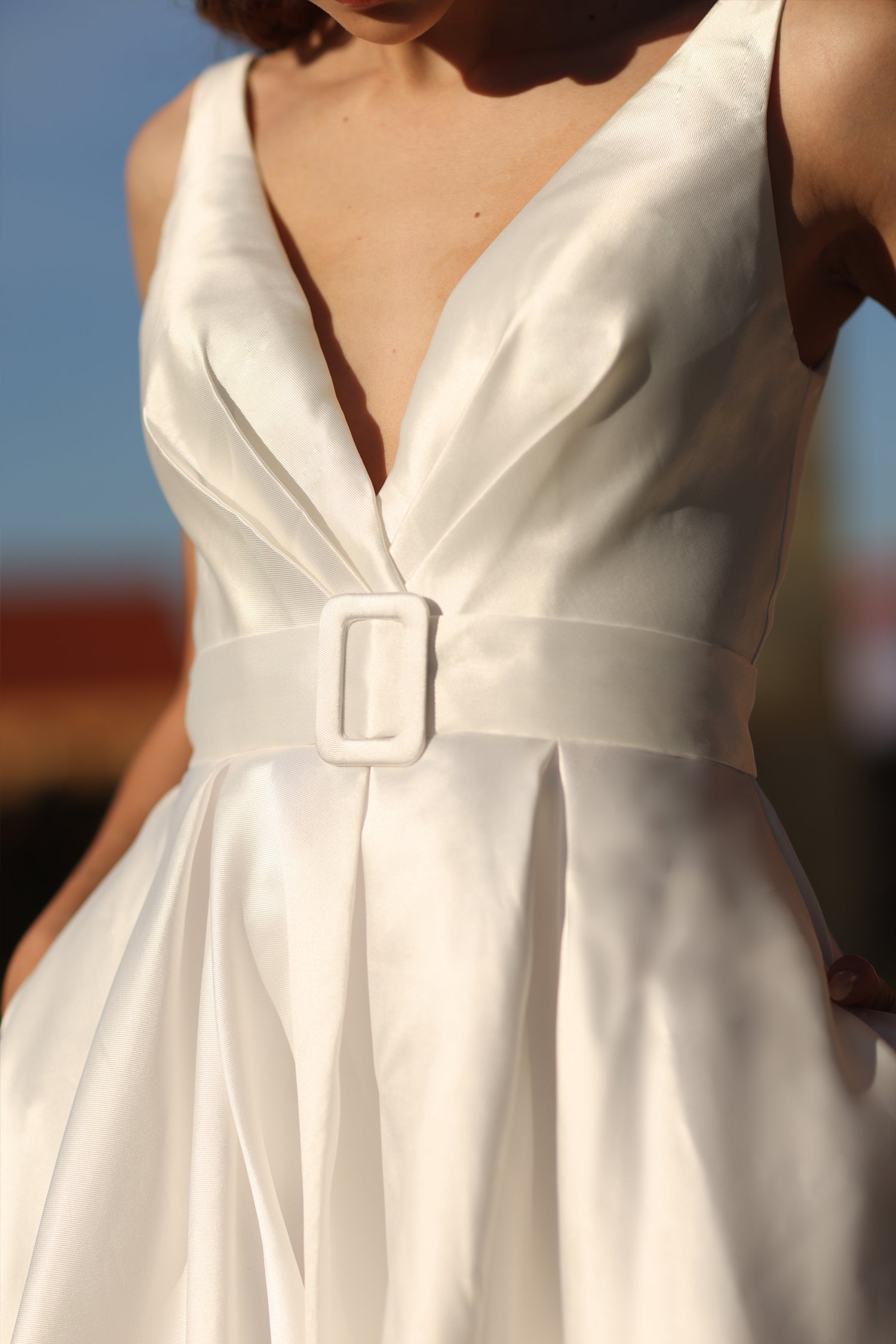 TINA HOLLY COUTURE BB209W White Mikado Ball Gown with V Neckline and Belted Waist, Formal Dress Brisbane to Gold Coast Australia