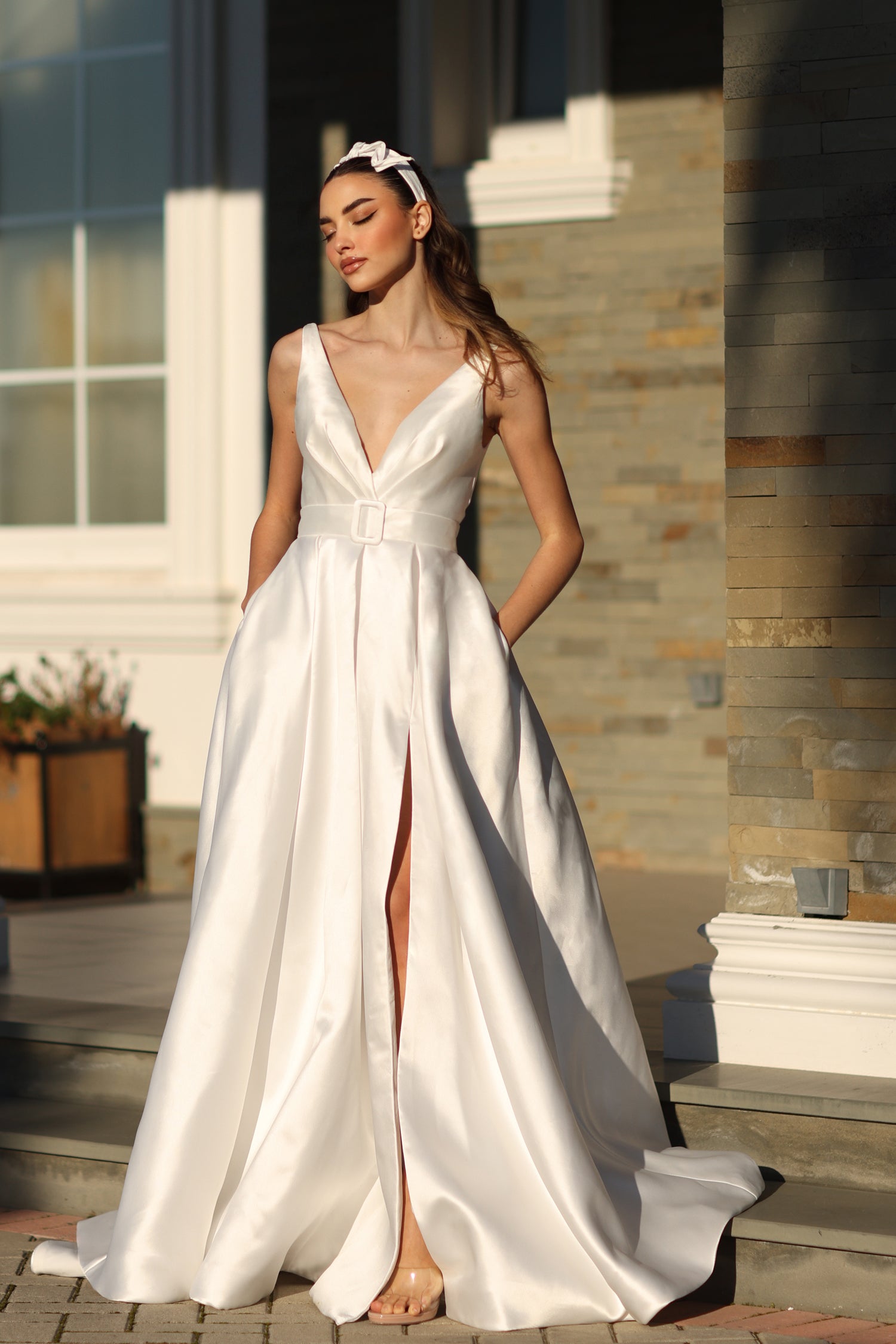 TINA HOLLY COUTURE BB209W Pure White Mikado ball gown with V neckline and leg split, school formal dress Brisbane to Gold Coast