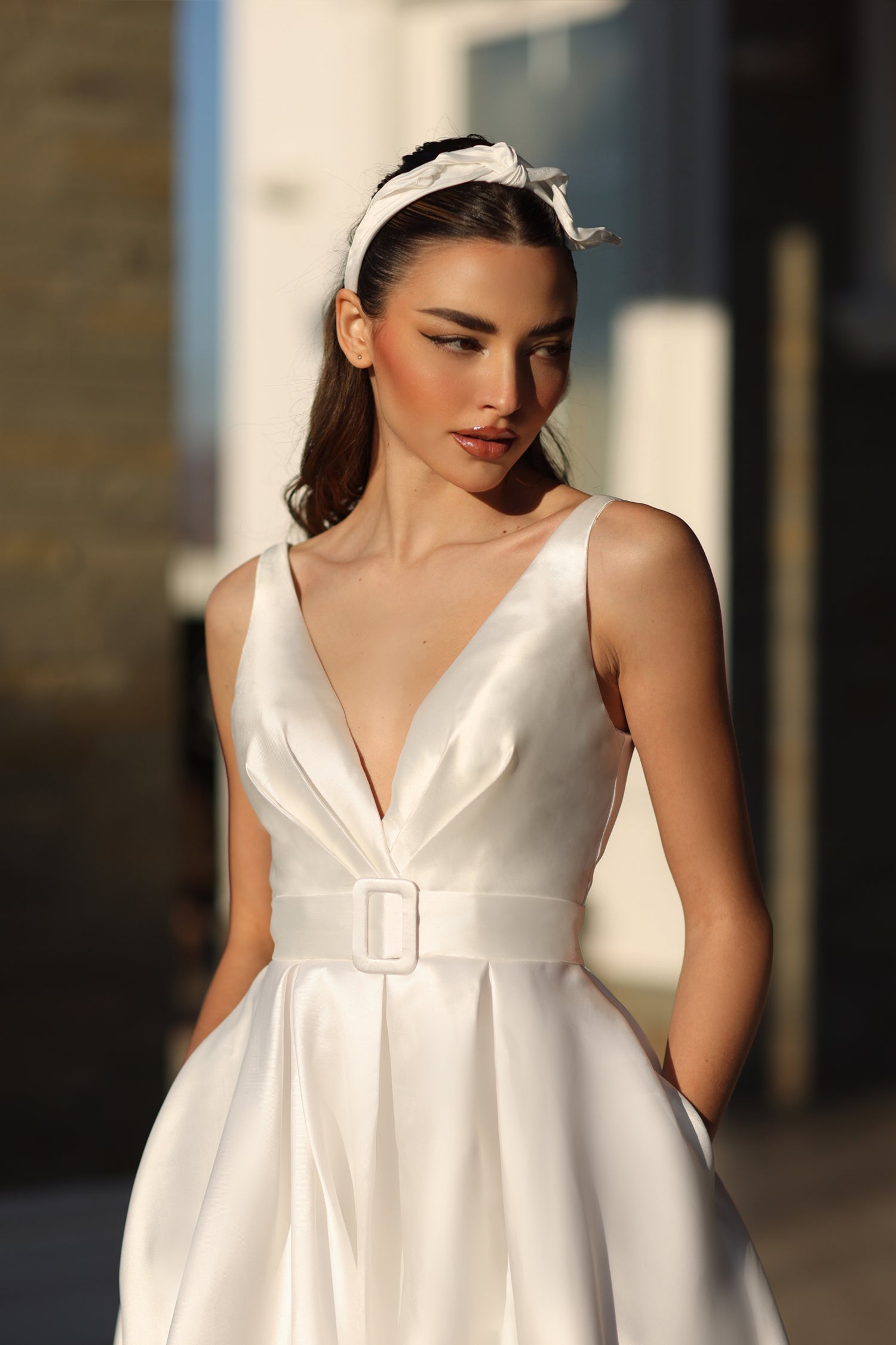 TINA HOLLY COUTURE BB209W Pure White Mikado ball gown with V neckline and belted waist, perfect for school formal dress. Brisbane to Gold Coast.