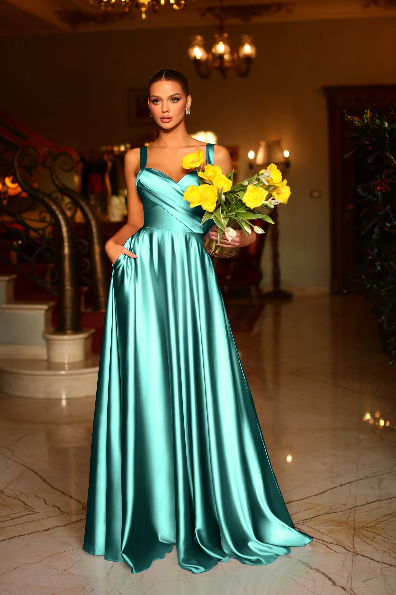 TINA HOLLY COUTURE BB210 Satin A Line formal dress with pleated v-neck and pockets, perfect for prom, Brisbane to Gold Coast, Australia.