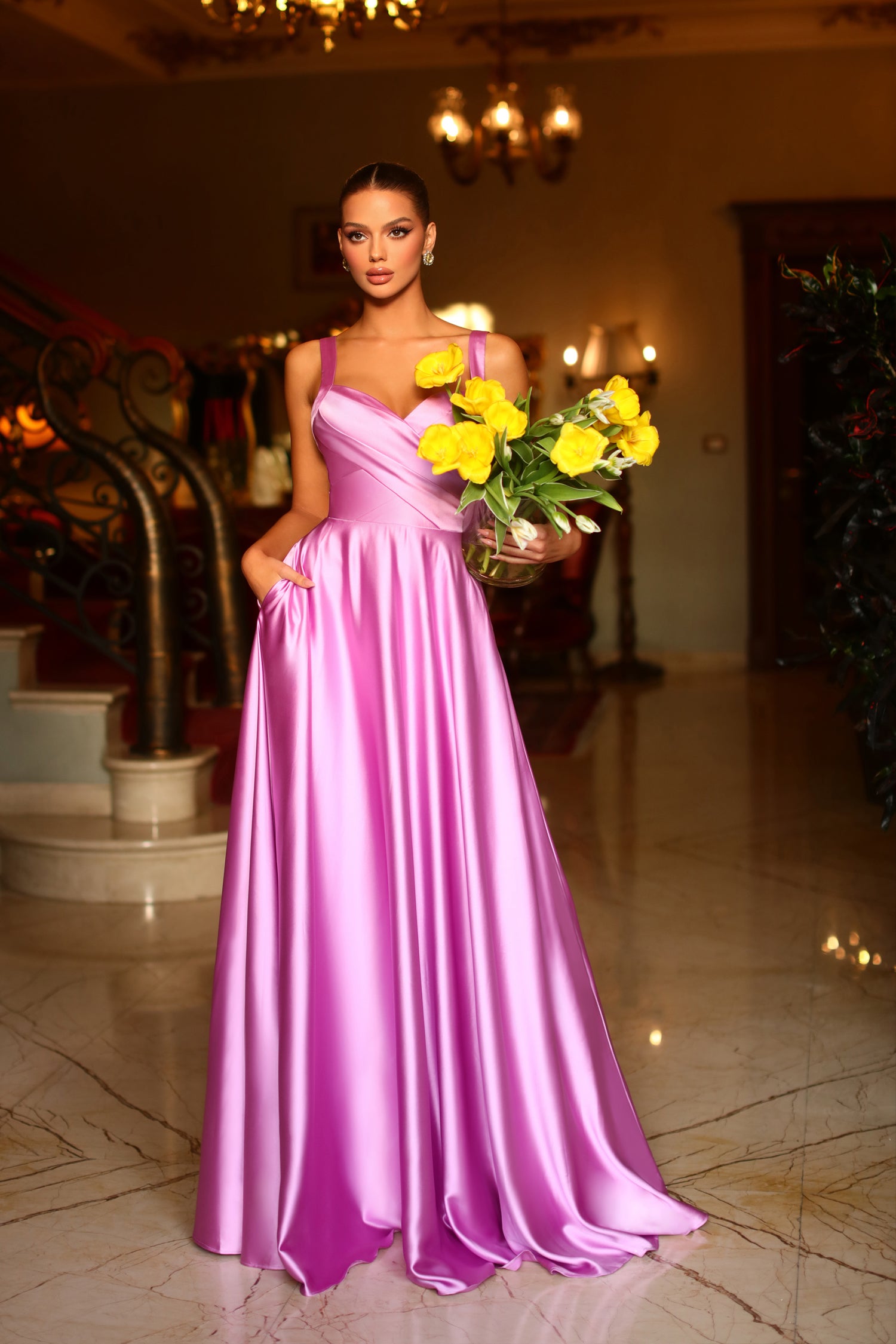 TINA HOLLY COUTURE BB210 Satin A Line formal dress with pleated bodice and pockets, perfect for special occasions from Brisbane to Gold Coast.