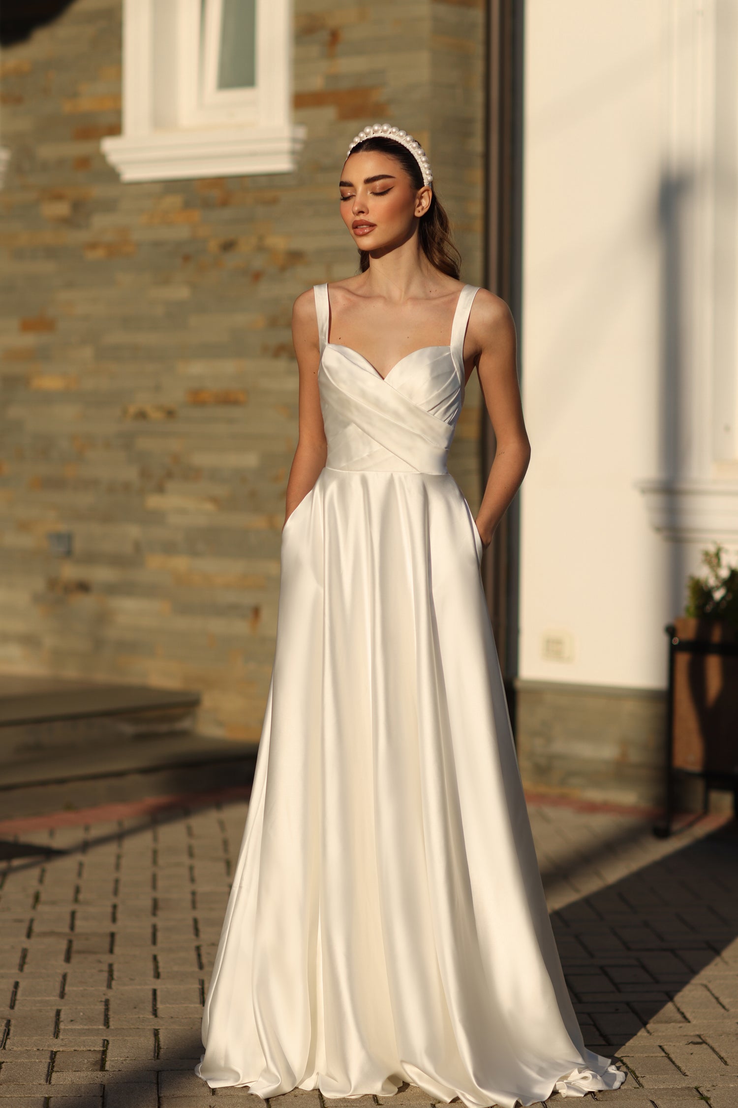 TINA HOLLY COUTURE BB210W off white satin ball gown with pleated V-neck bodice, bridal dress, Brisbane to Gold Coast, Australia.
