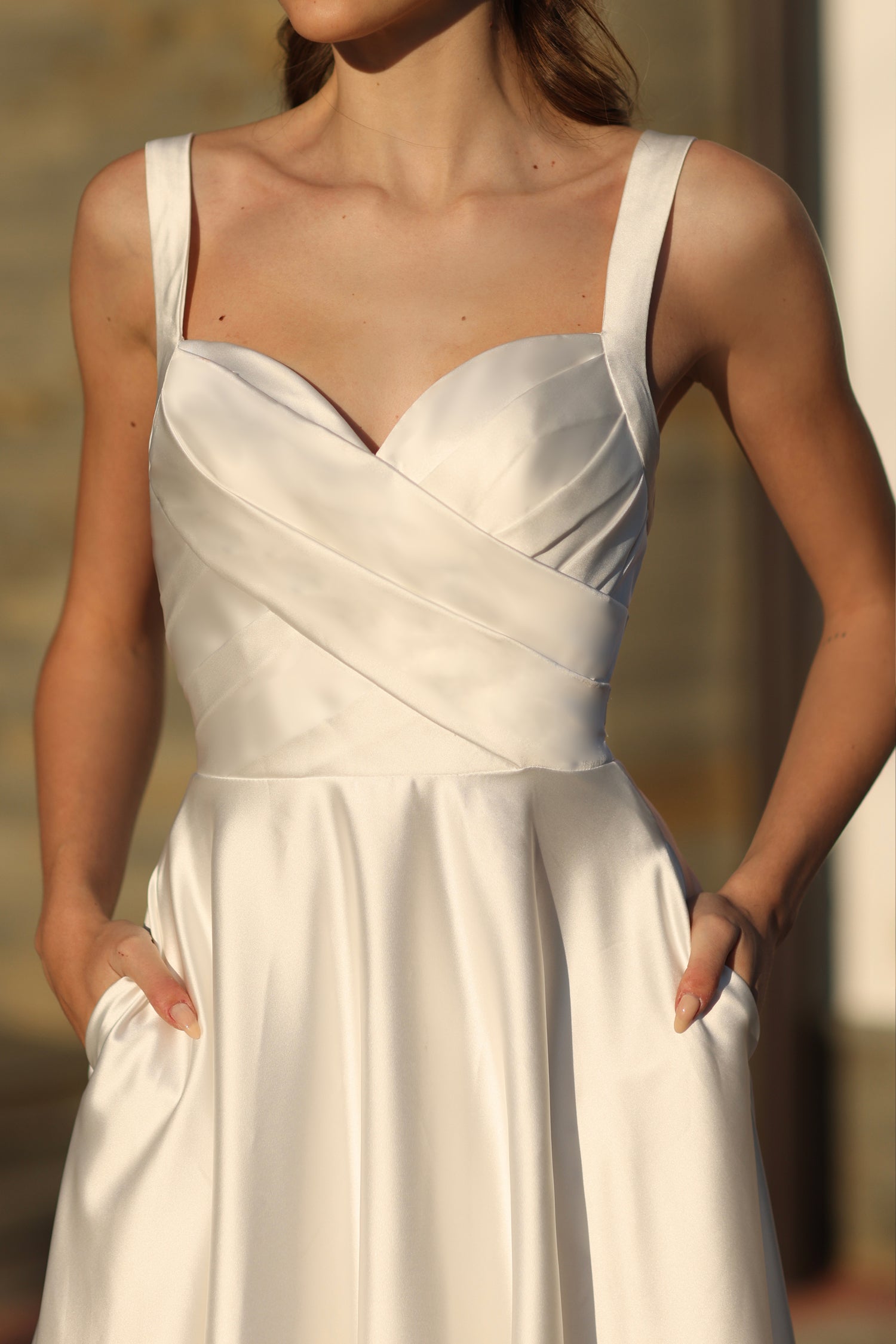 TINA HOLLY COUTURE BB210W Off White Satin Ball Gown with Pleated V-Neck Bodice, Brisbane to Gold Coast